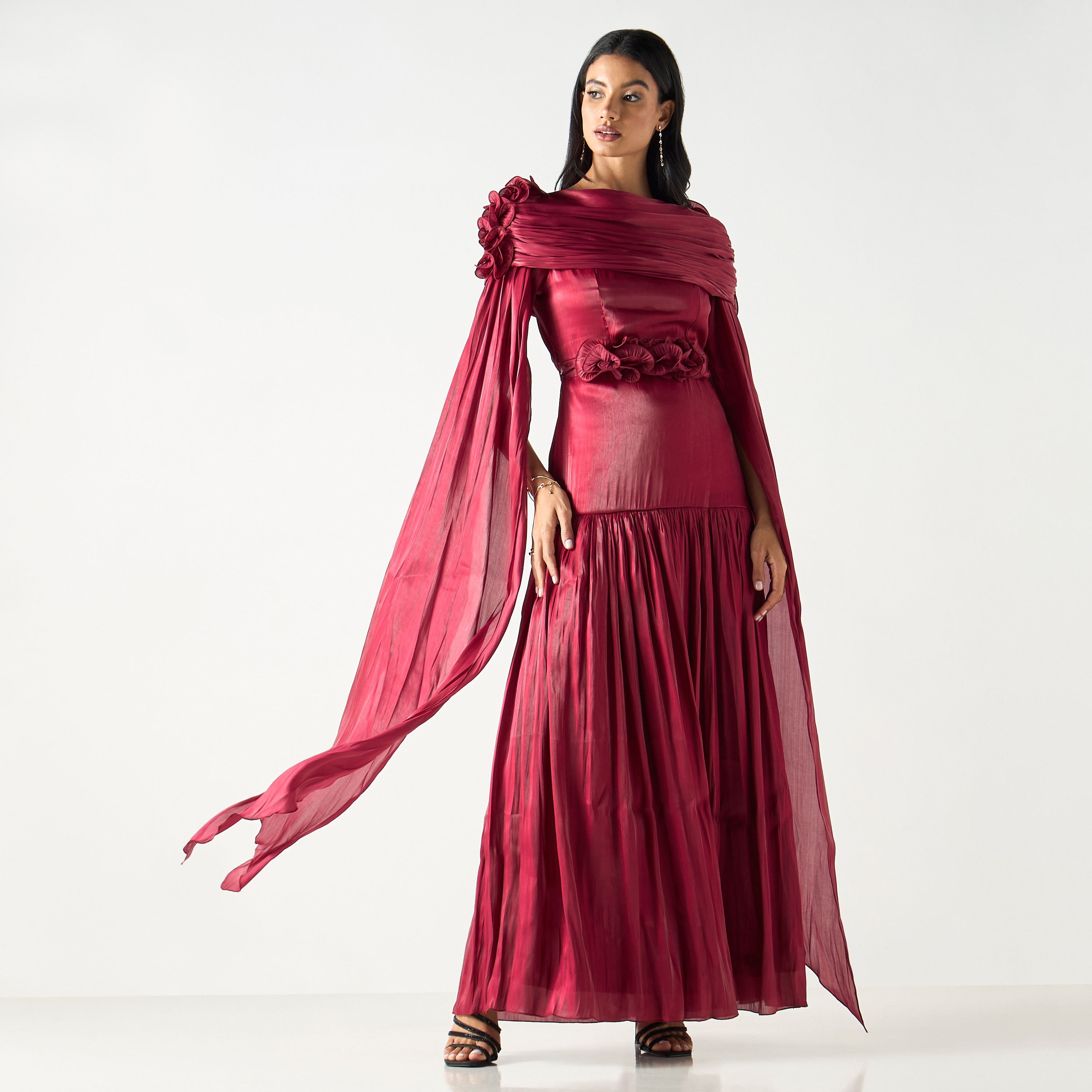 Golden Apple Split Sleeves Belted Maxi Dress with Ruffle Accent-women-clothing-dresses-image-5