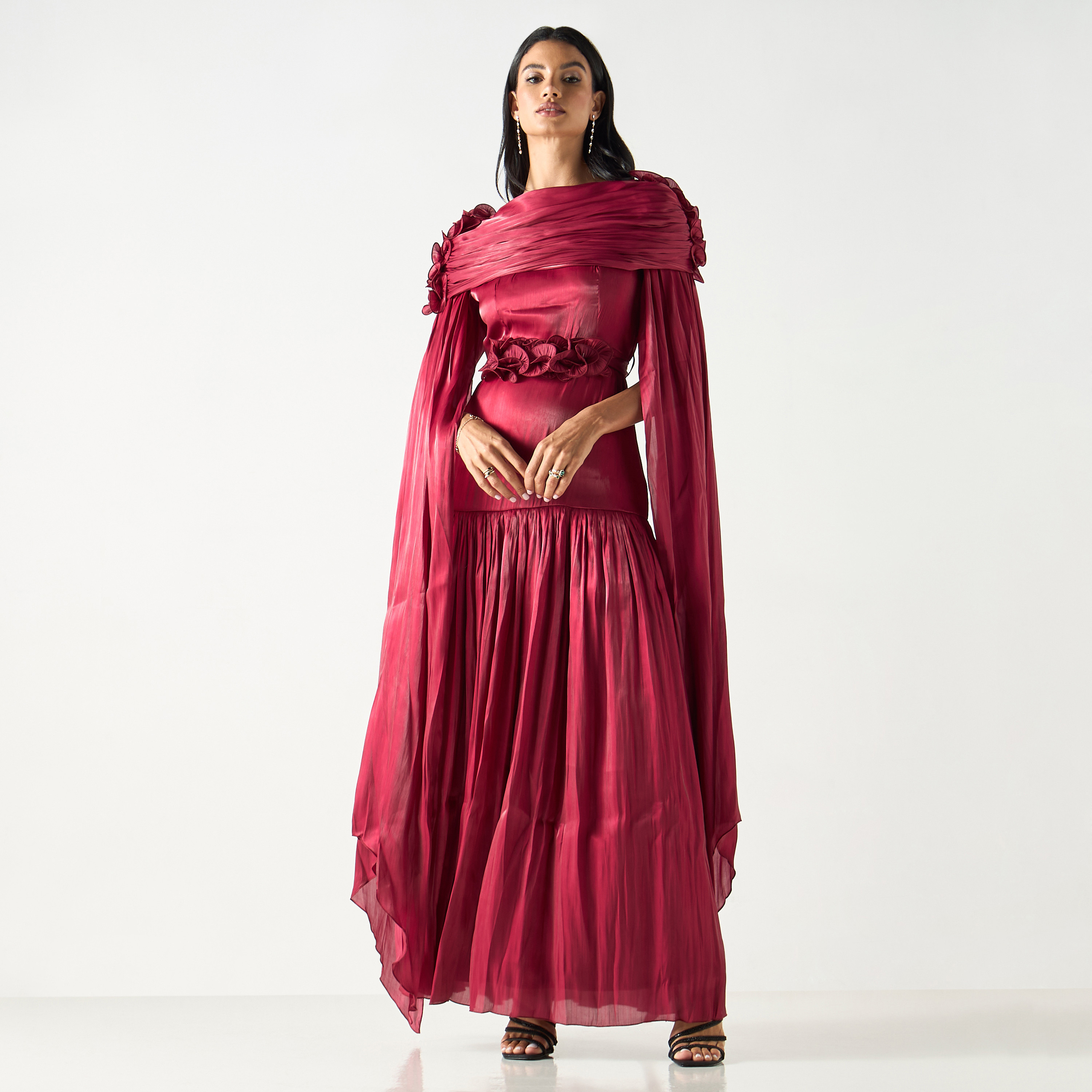 Golden Apple Split Sleeves Belted Maxi Dress with Ruffle Accent-women-clothing-dresses-image-6