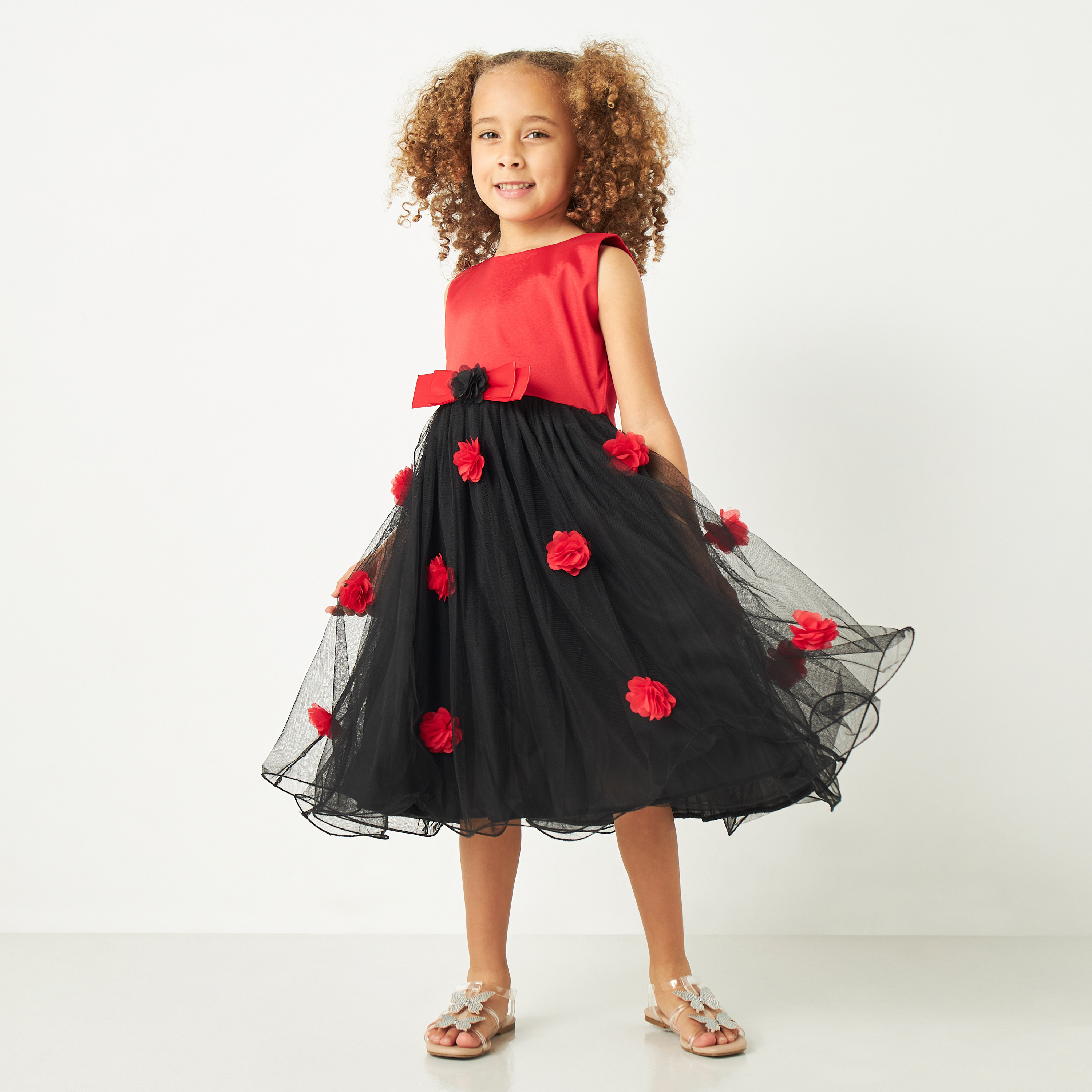 Little Golden Apple Colourblock Sleeveless Dress with Flower Accents-girls-clothing-dressesandjumpsuits-image-1