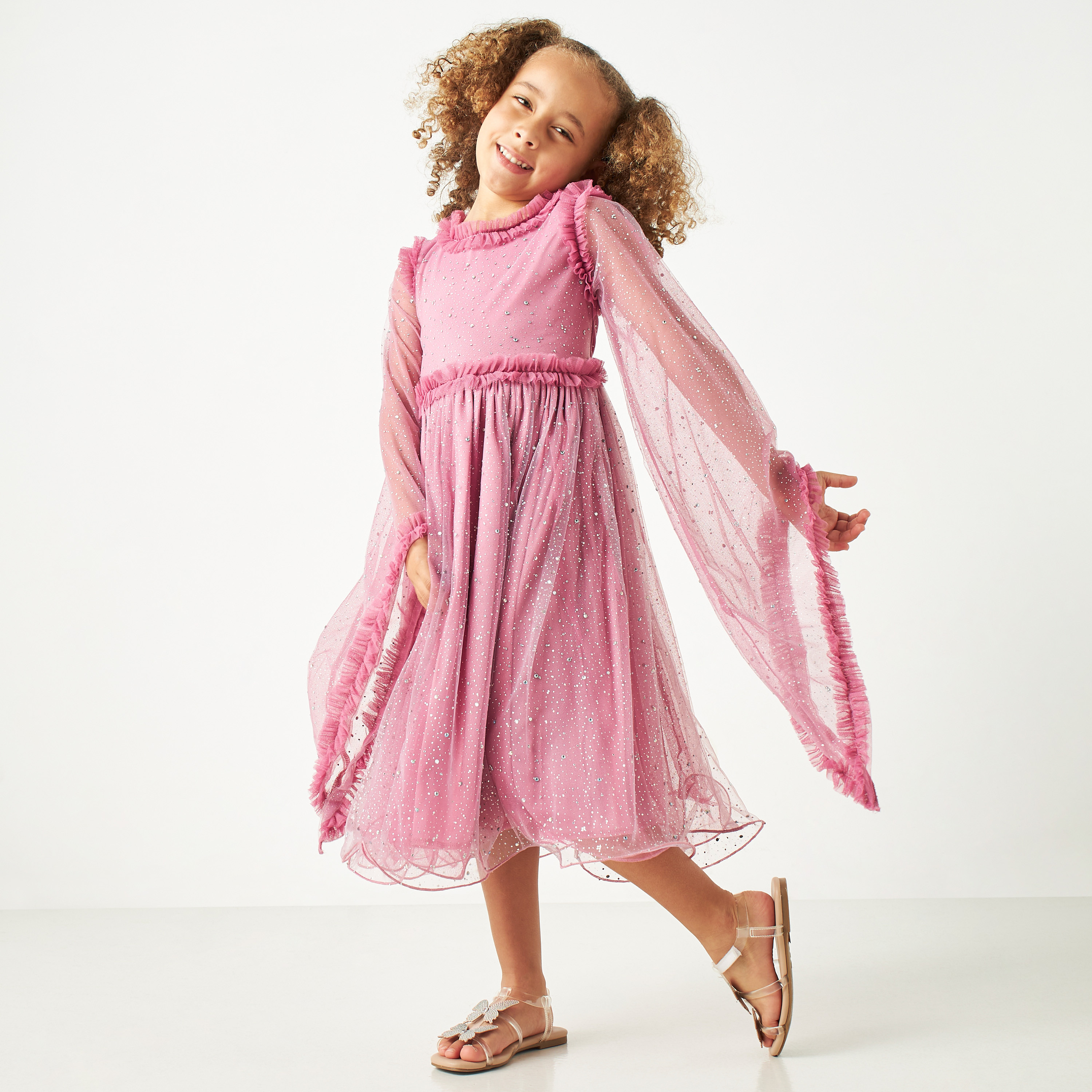 Little Golden Apple Embellished Dress with Bell Sleeves and Ruffle Detail-girls-clothing-dressesandjumpsuits-image-1