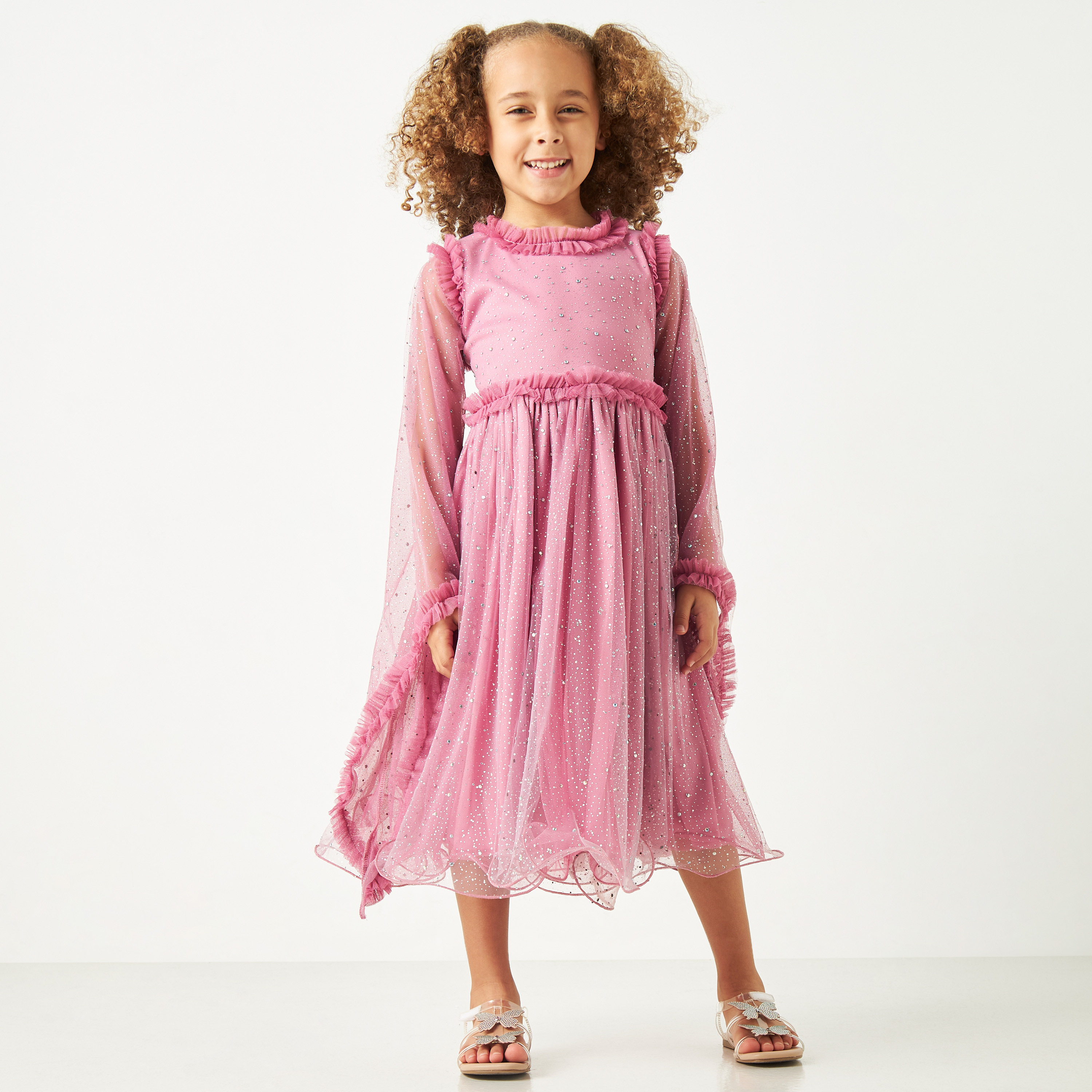Little Golden Apple Embellished Dress with Bell Sleeves and Ruffle Detail-girls-clothing-dressesandjumpsuits-image-2