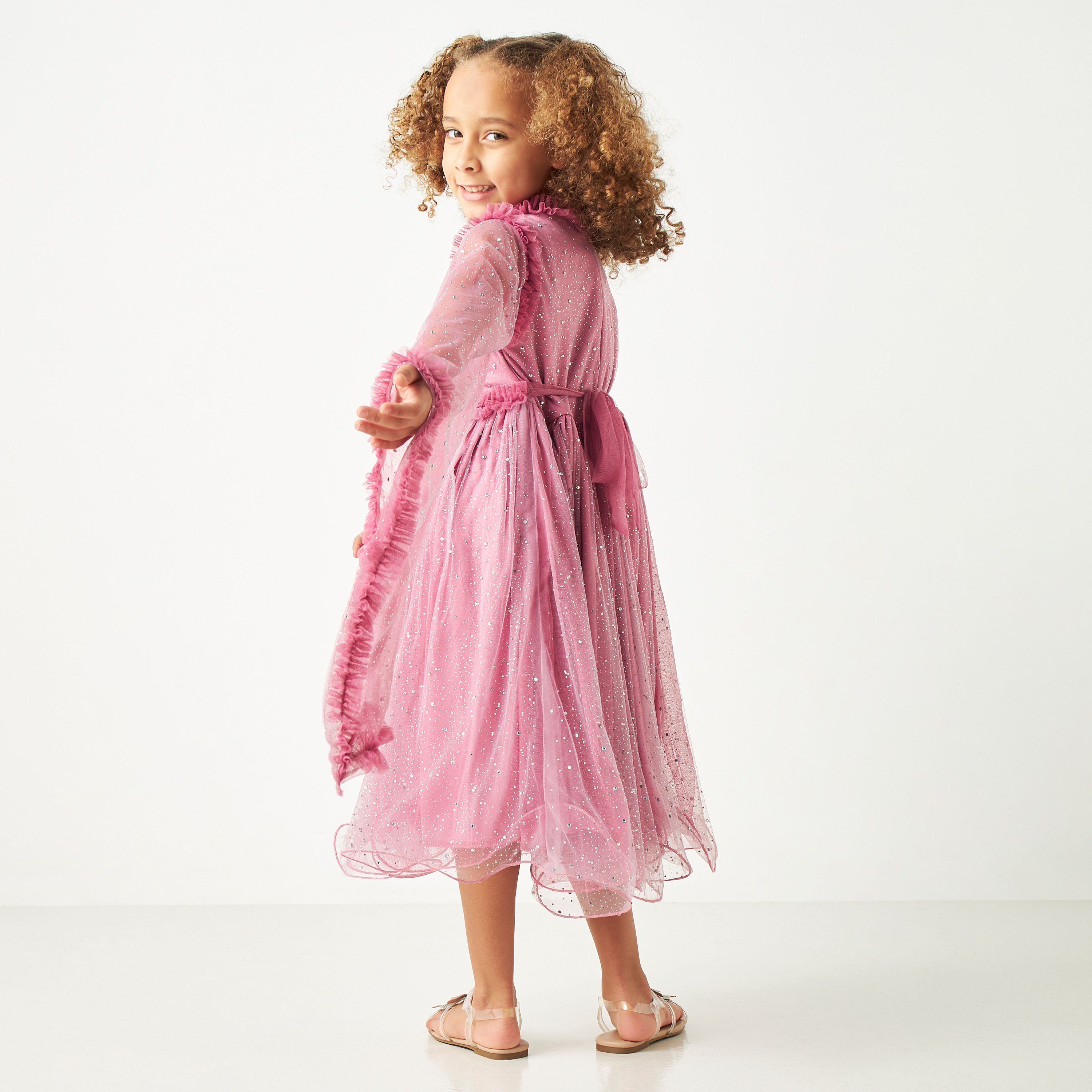 Little Golden Apple Embellished Dress with Bell Sleeves and Ruffle Detail-girls-clothing-dressesandjumpsuits-image-3