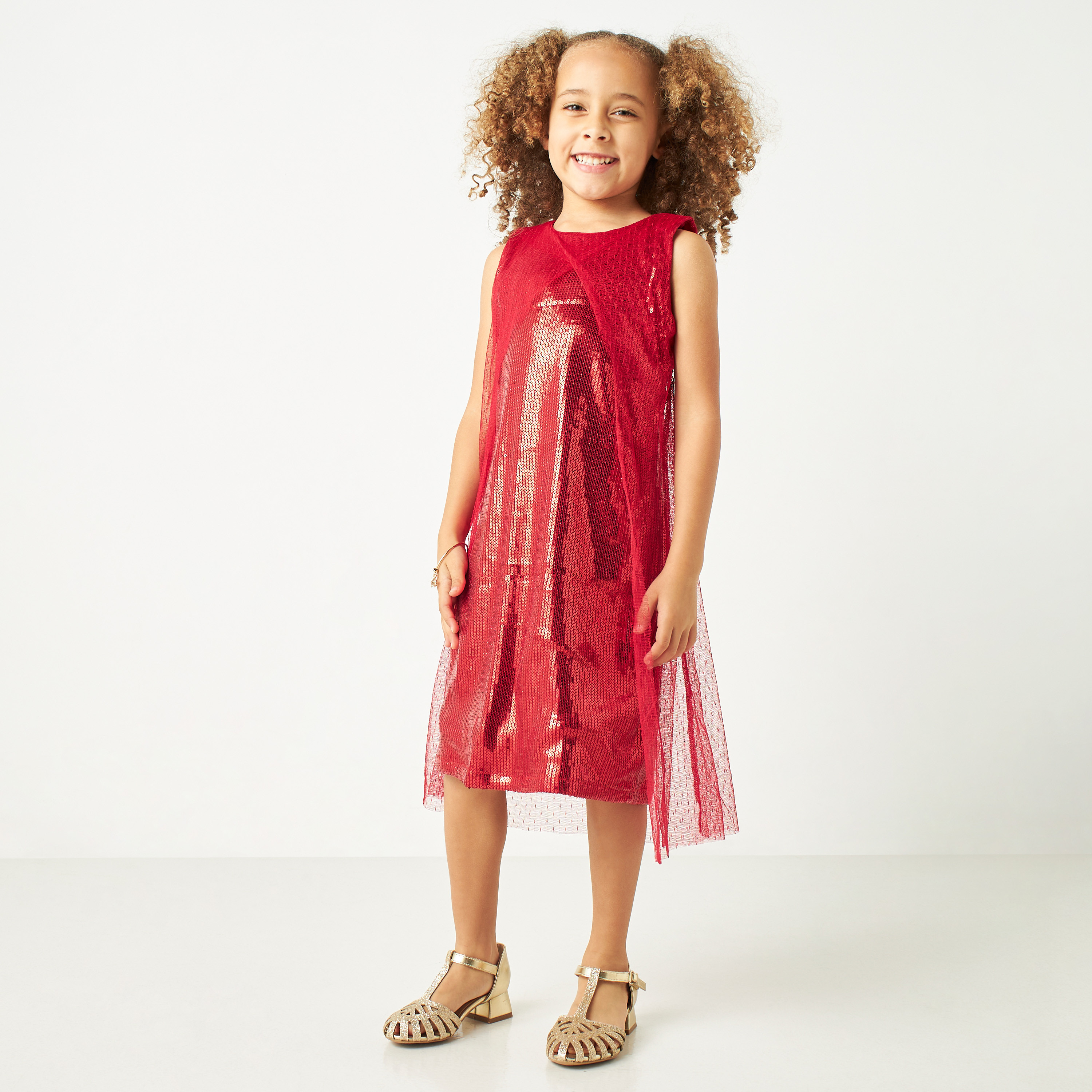 Little Golden Apple Embellished Sleeveless Dress with Mesh Overlay-girls-clothing-dressesandjumpsuits-image-1