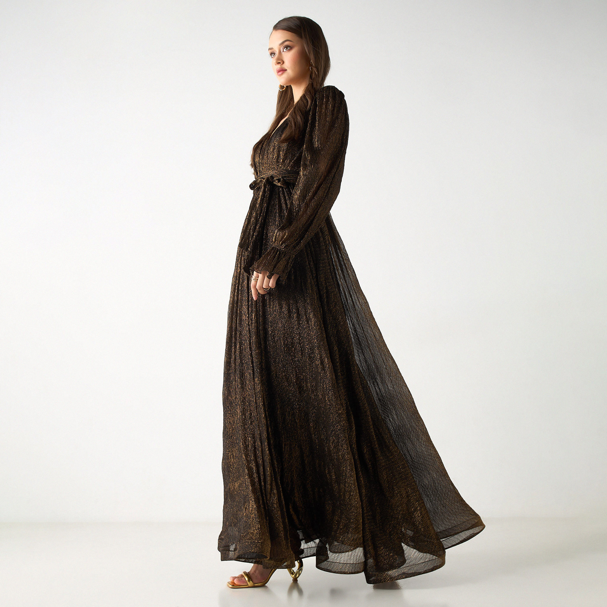 Golden Apple Textured Maxi Dress with Tie-Up Belt and Volume Sleeves-women-clothing-dresses-image-2