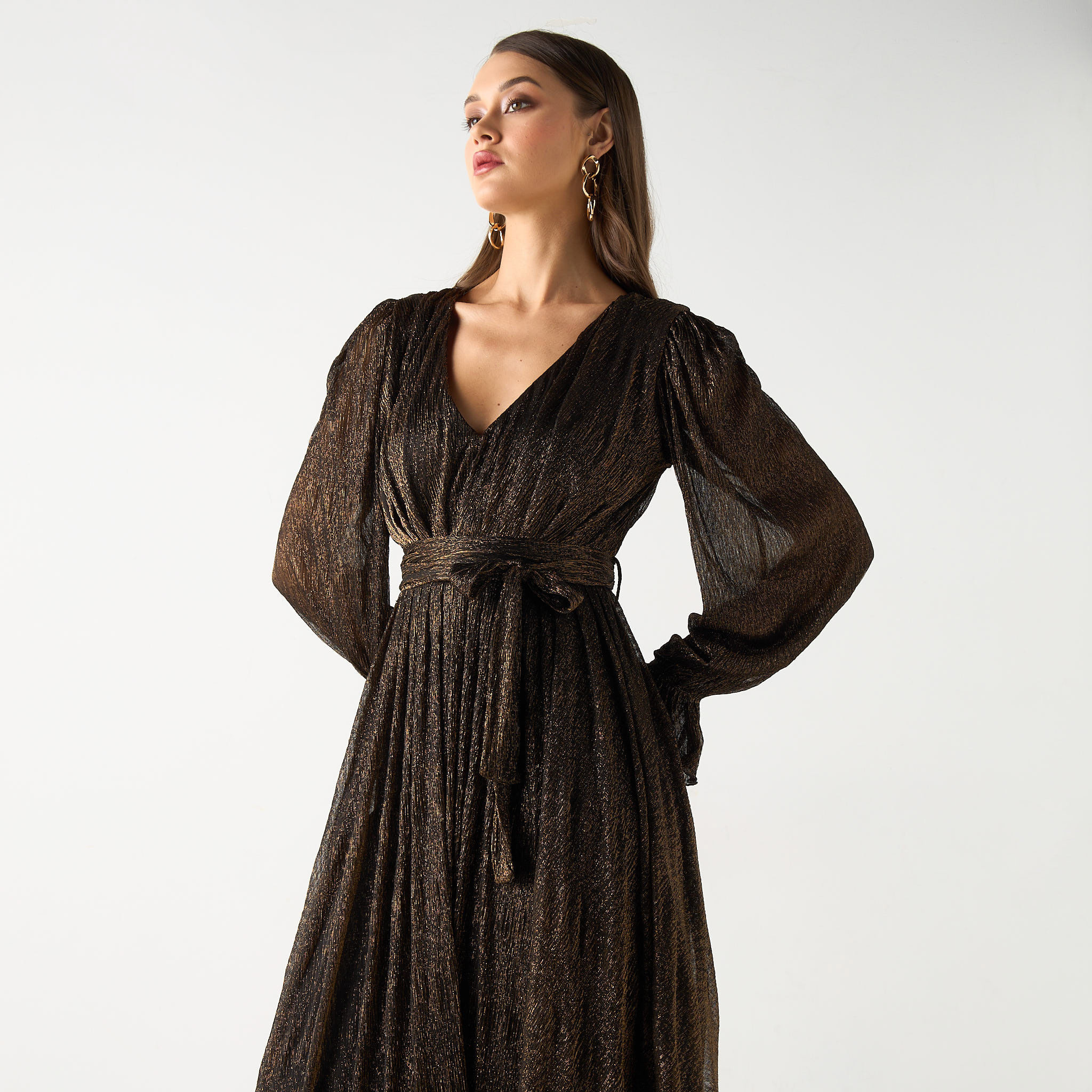 Golden Apple Textured Maxi Dress with Tie-Up Belt and Volume Sleeves-women-clothing-dresses-image-4