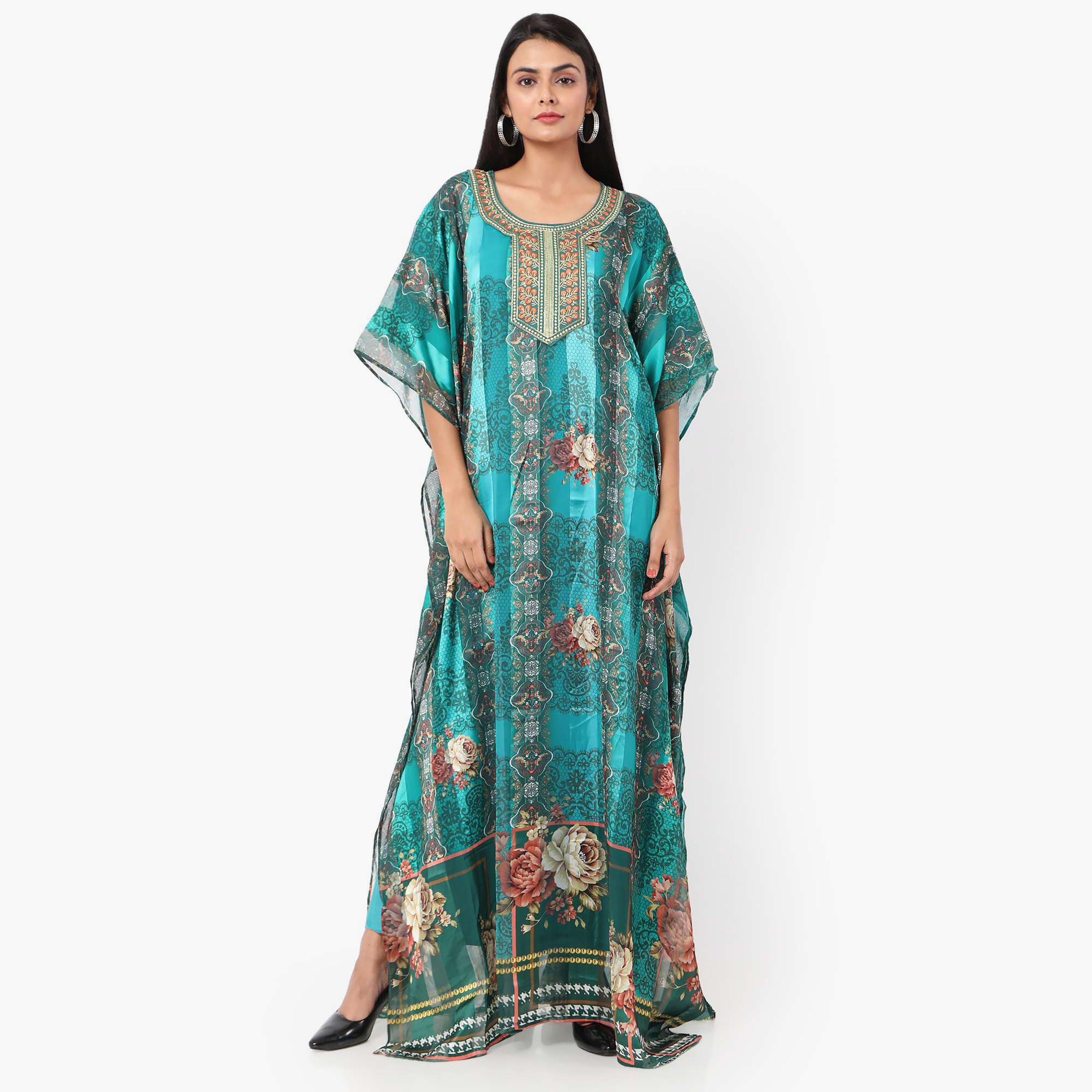 قفطان احتفالي نسائي مطبوع مطرز وتفاصيل عقدة عند الرقبة وأكمام واسعة من هانا آند سارة-women-arabicclothing-jalabiyas-image-1