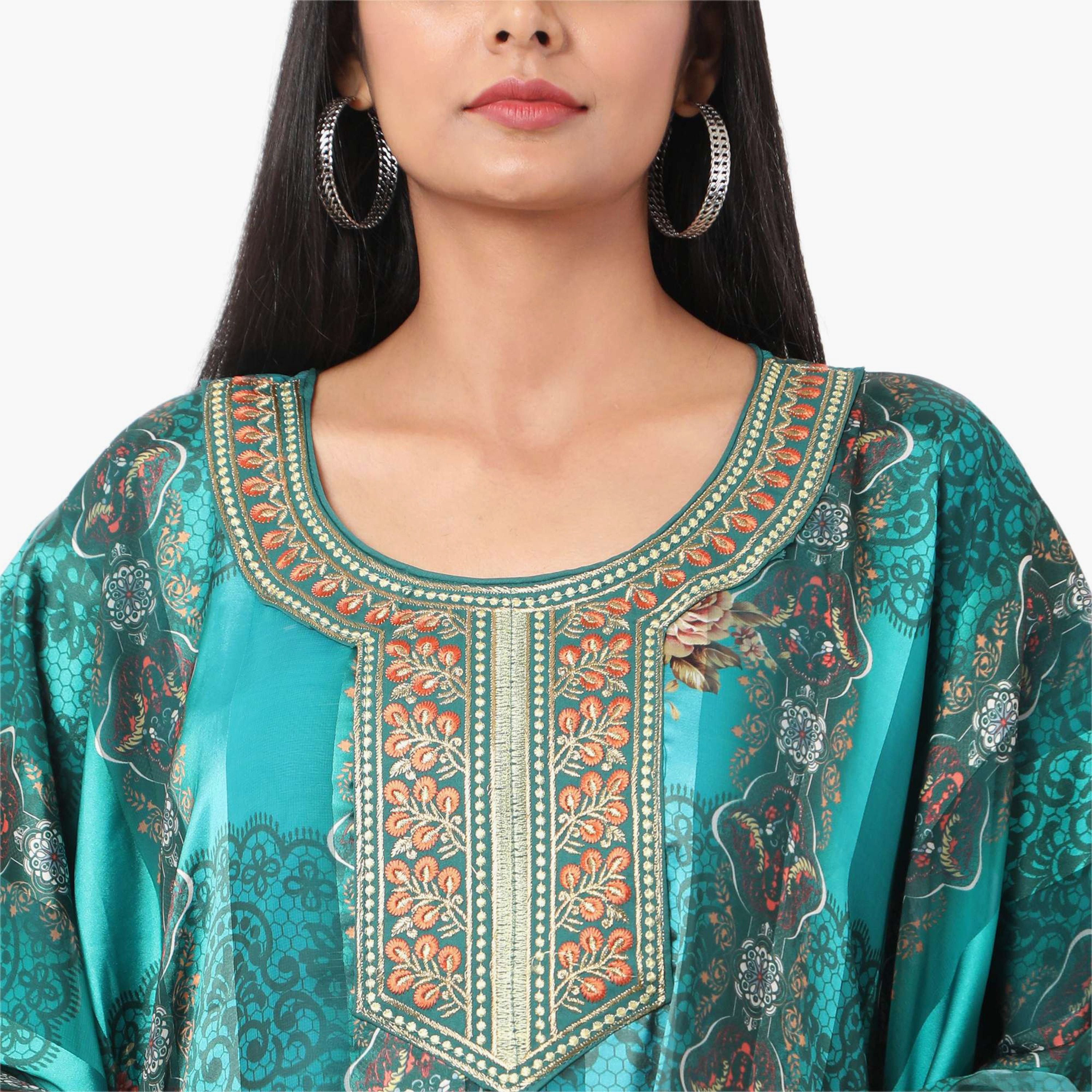 قفطان احتفالي نسائي مطبوع مطرز وتفاصيل عقدة عند الرقبة وأكمام واسعة من هانا آند سارة-women-arabicclothing-jalabiyas-image-2
