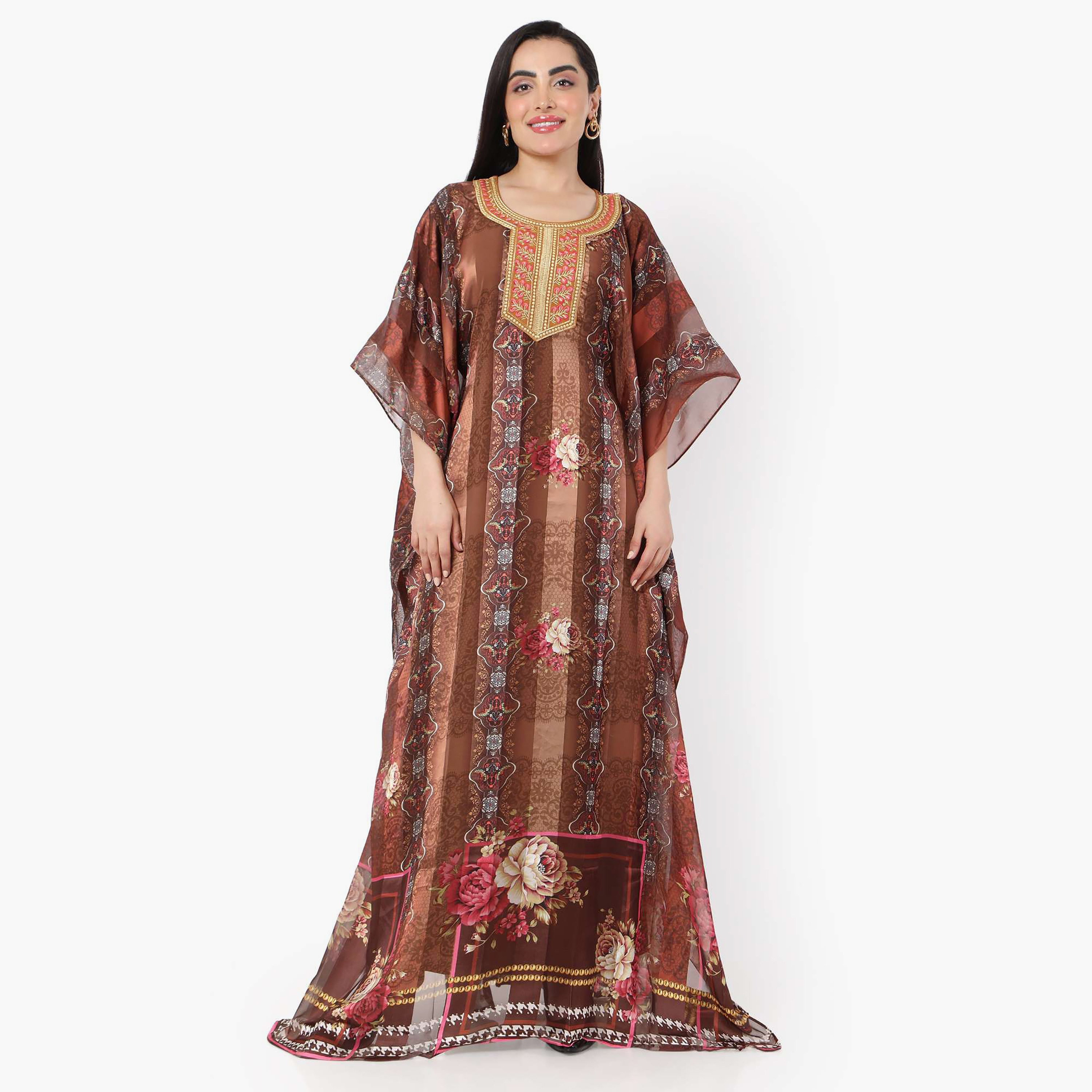 قفطان احتفالي نسائي مطبوع مطرز وتفاصيل عقدة عند الرقبة وأكمام واسعة من هانا آند سارة-women-arabicclothing-jalabiyas-image-5