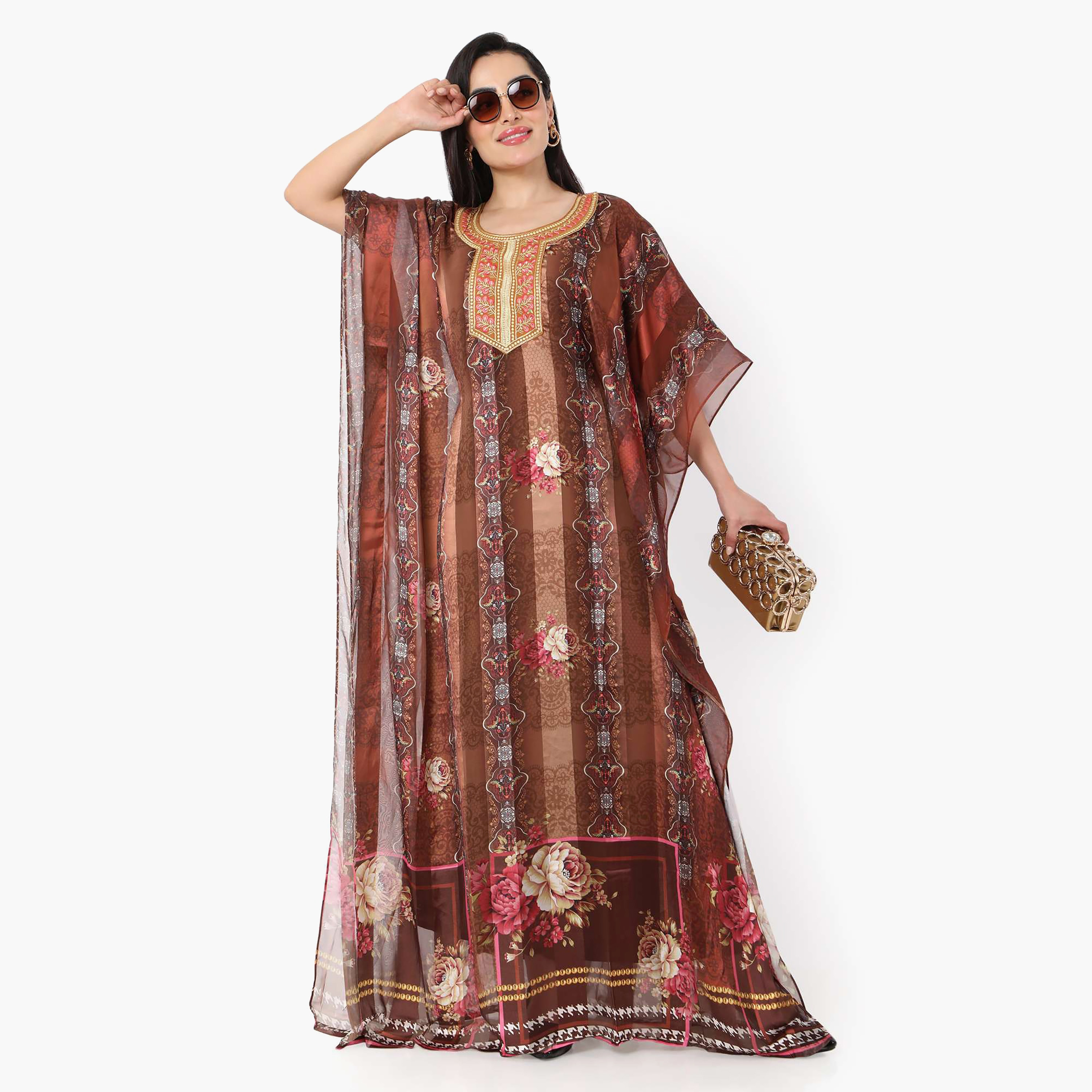 قفطان احتفالي نسائي مطبوع مطرز وتفاصيل عقدة عند الرقبة وأكمام واسعة من هانا آند سارة-women-arabicclothing-jalabiyas-image-7