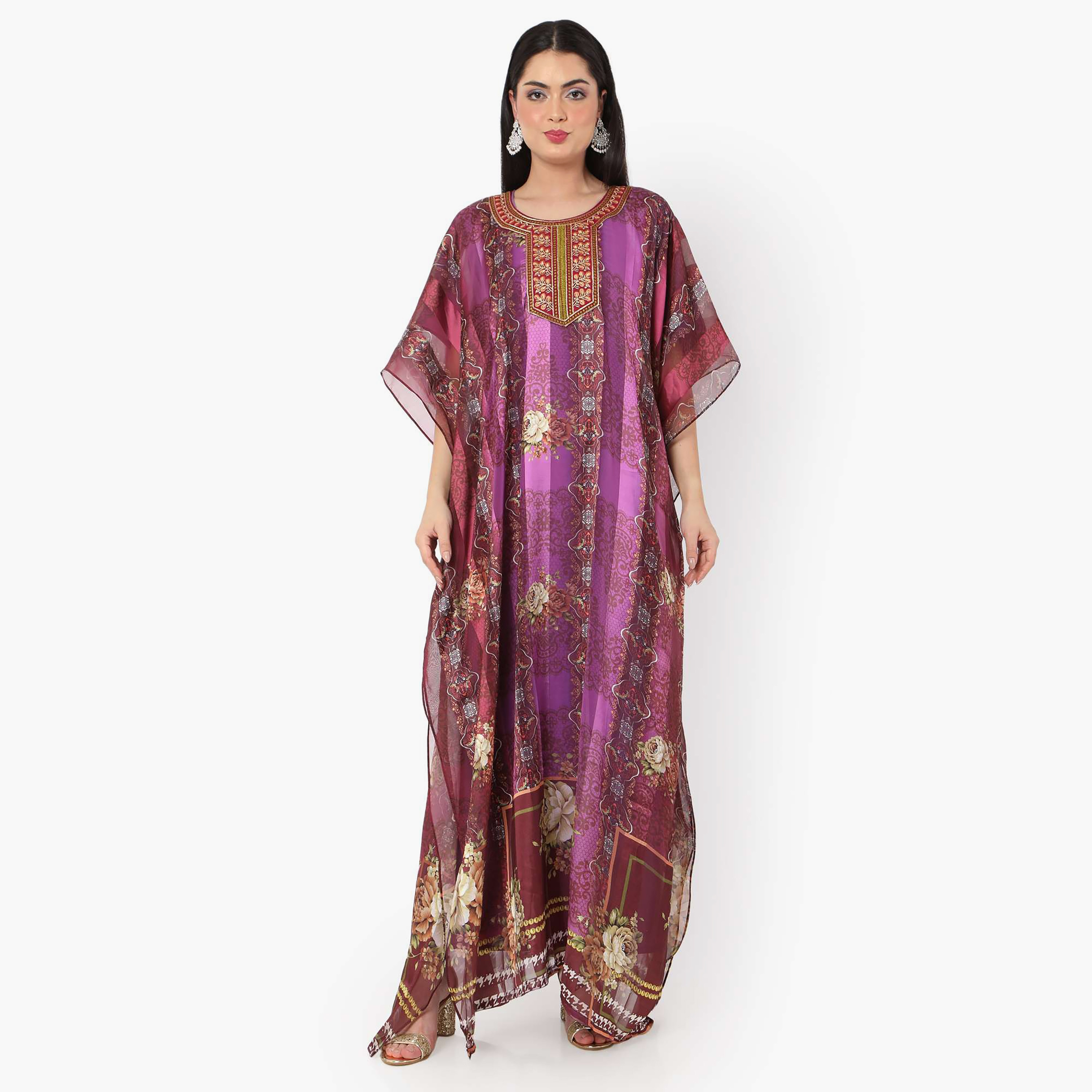 قفطان احتفالي نسائي مطبوع مطرز وتفاصيل عقدة عند الرقبة وأكمام واسعة من هانا آند سارة-women-arabicclothing-jalabiyas-image-9