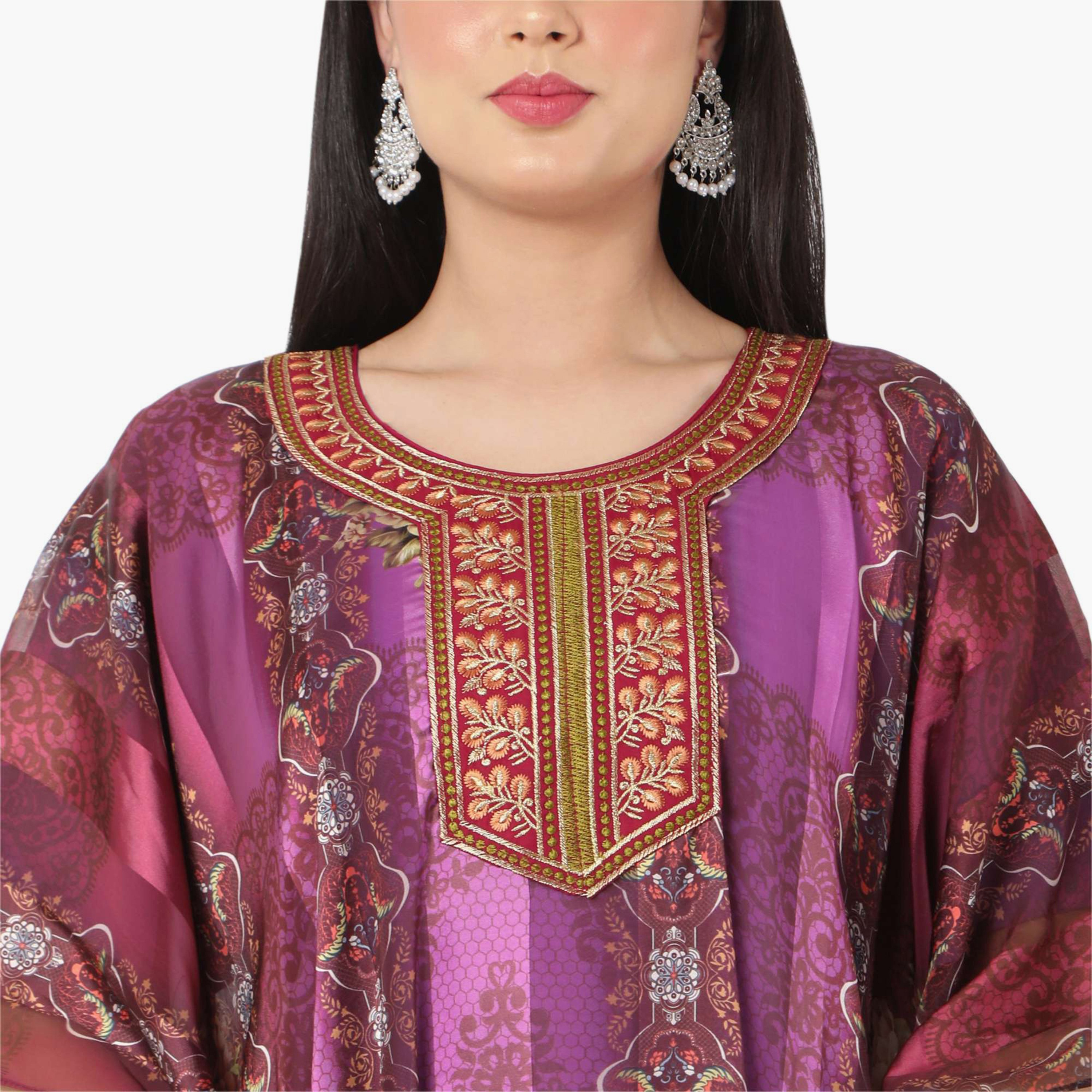 قفطان احتفالي نسائي مطبوع مطرز وتفاصيل عقدة عند الرقبة وأكمام واسعة من هانا آند سارة-women-arabicclothing-jalabiyas-image-10