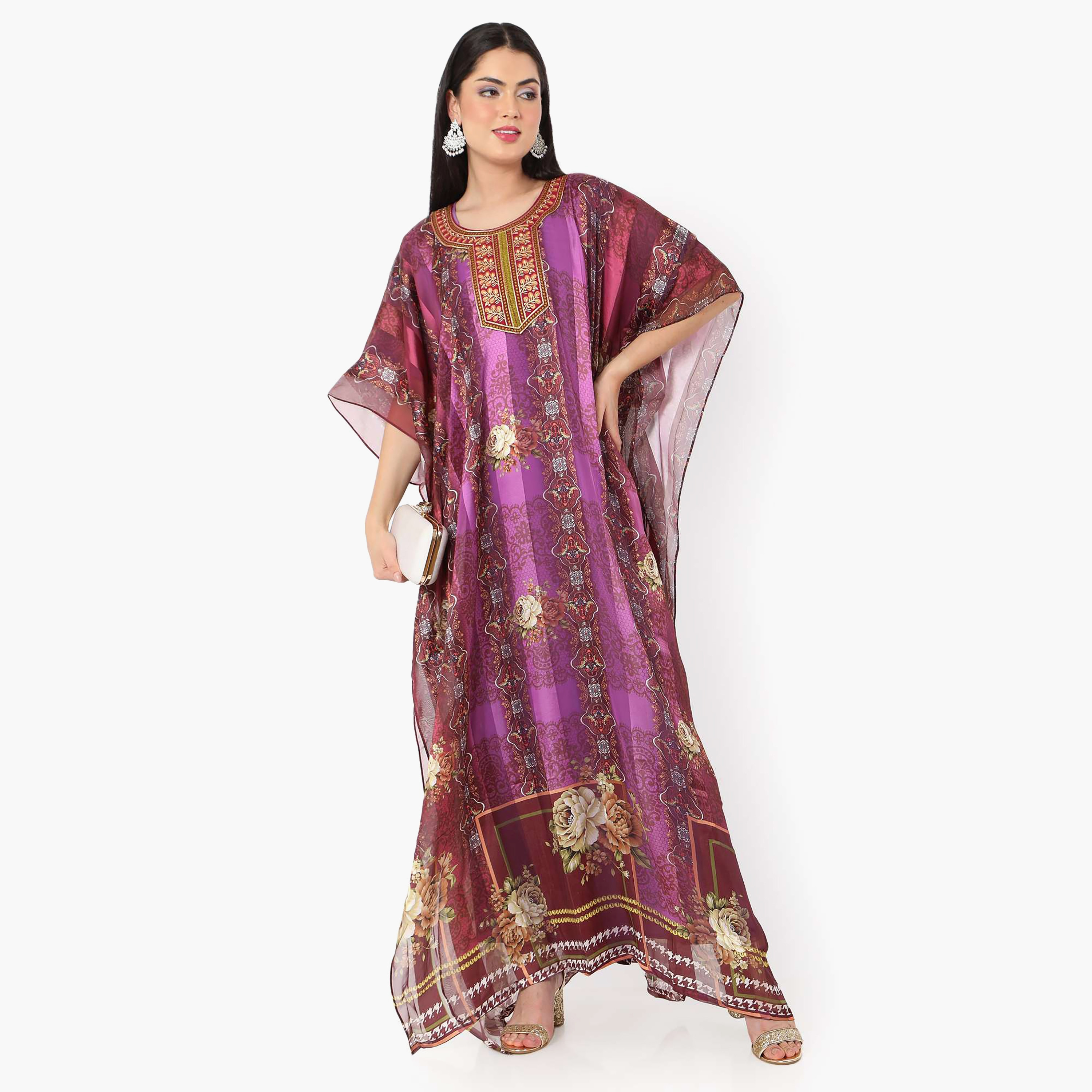 قفطان احتفالي نسائي مطبوع مطرز وتفاصيل عقدة عند الرقبة وأكمام واسعة من هانا آند سارة-women-arabicclothing-jalabiyas-image-11