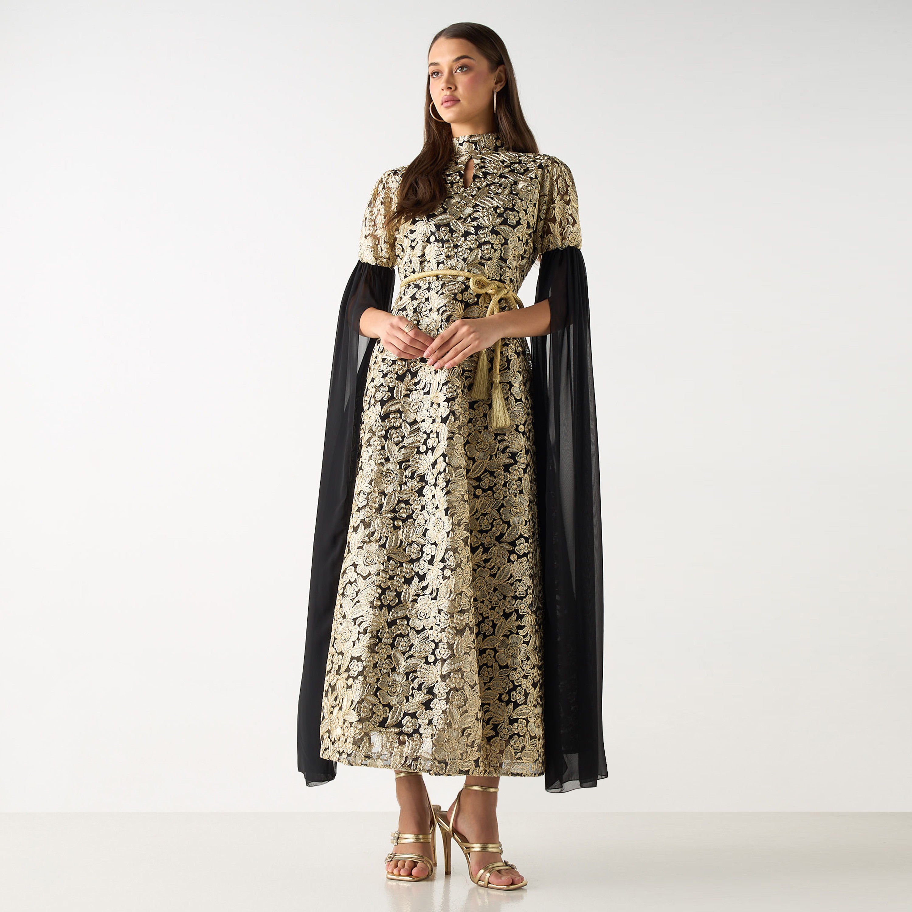 Golden Apple Lace Detail High Neck Maxi Dress with Knot Belt-women-clothing-dresses-image-1