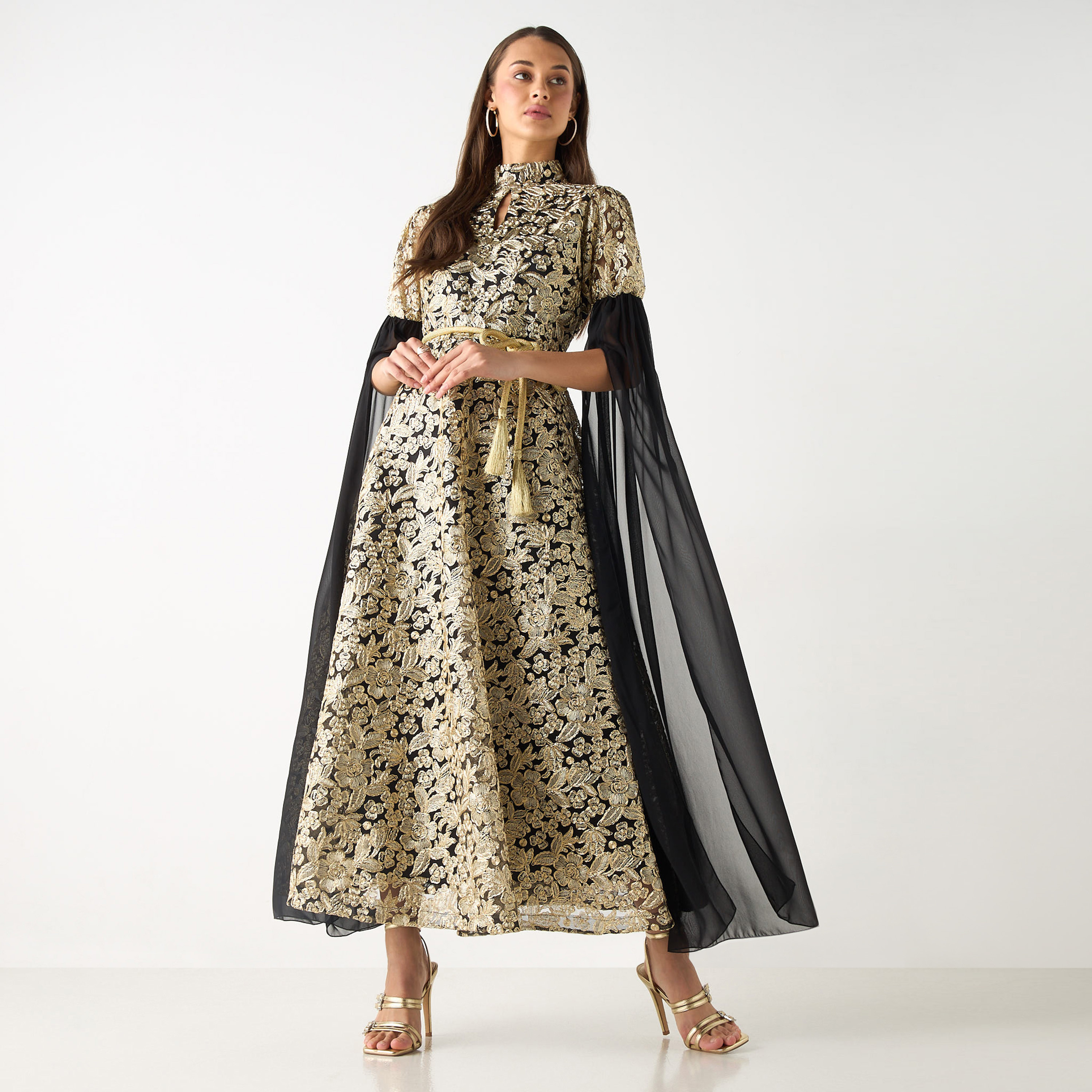 Golden Apple Lace Detail High Neck Maxi Dress with Knot Belt-women-clothing-dresses-image-2