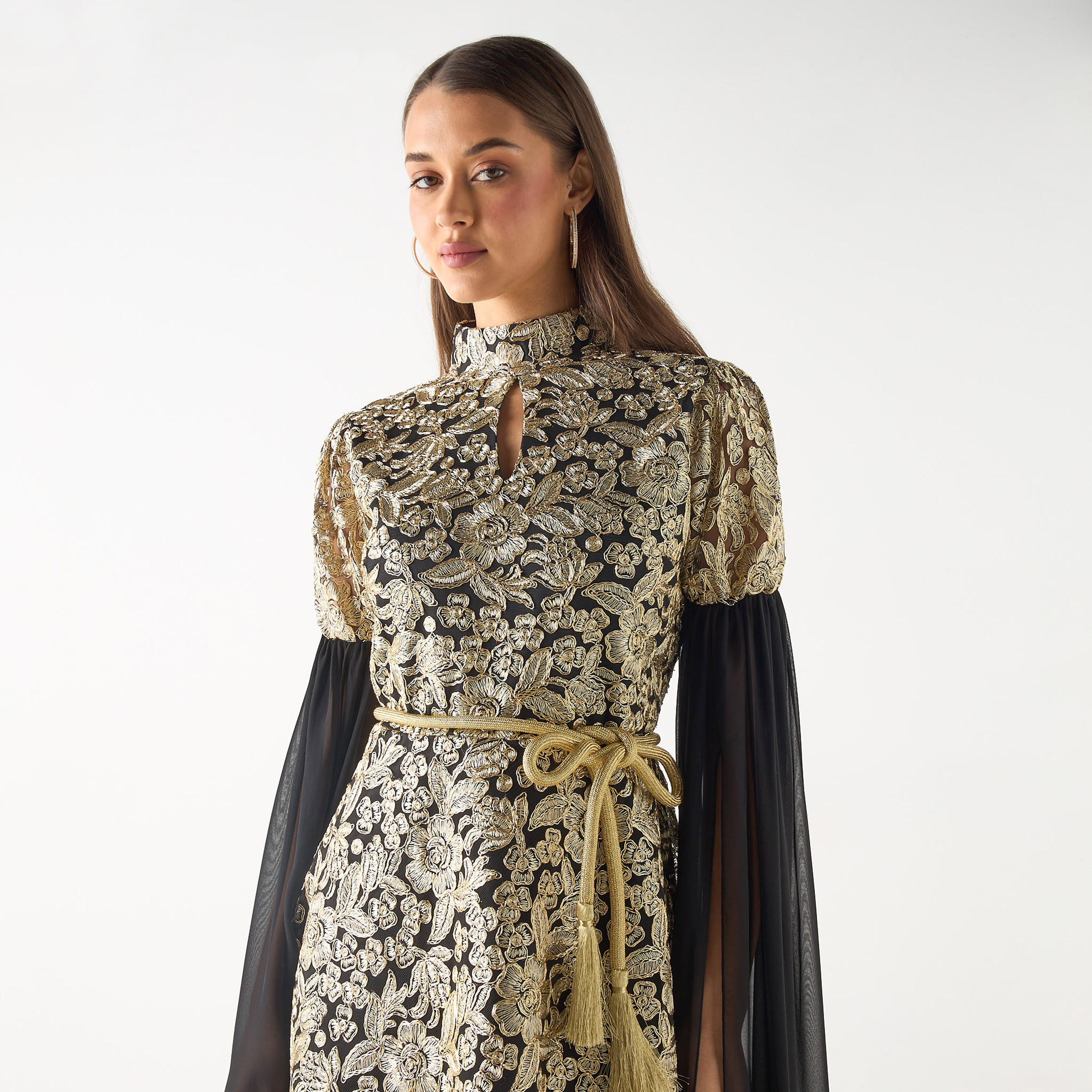 Golden Apple Lace Detail High Neck Maxi Dress with Knot Belt-women-clothing-dresses-image-4