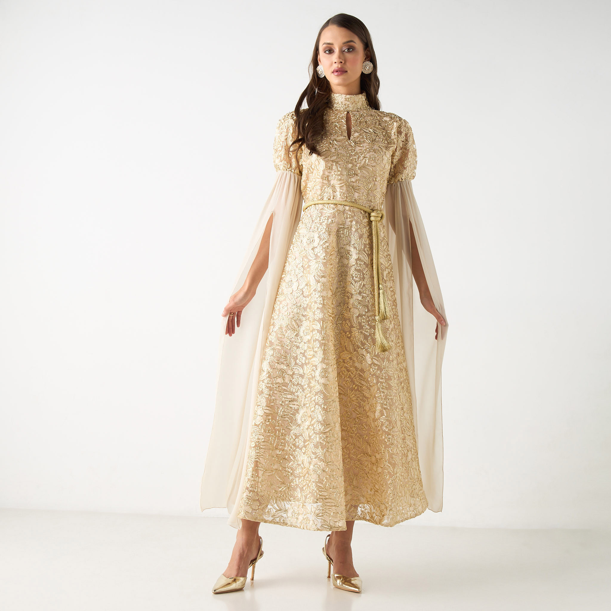 Golden Apple Lace Detail High Neck Maxi Dress with Knot Belt-women-clothing-dresses-image-7