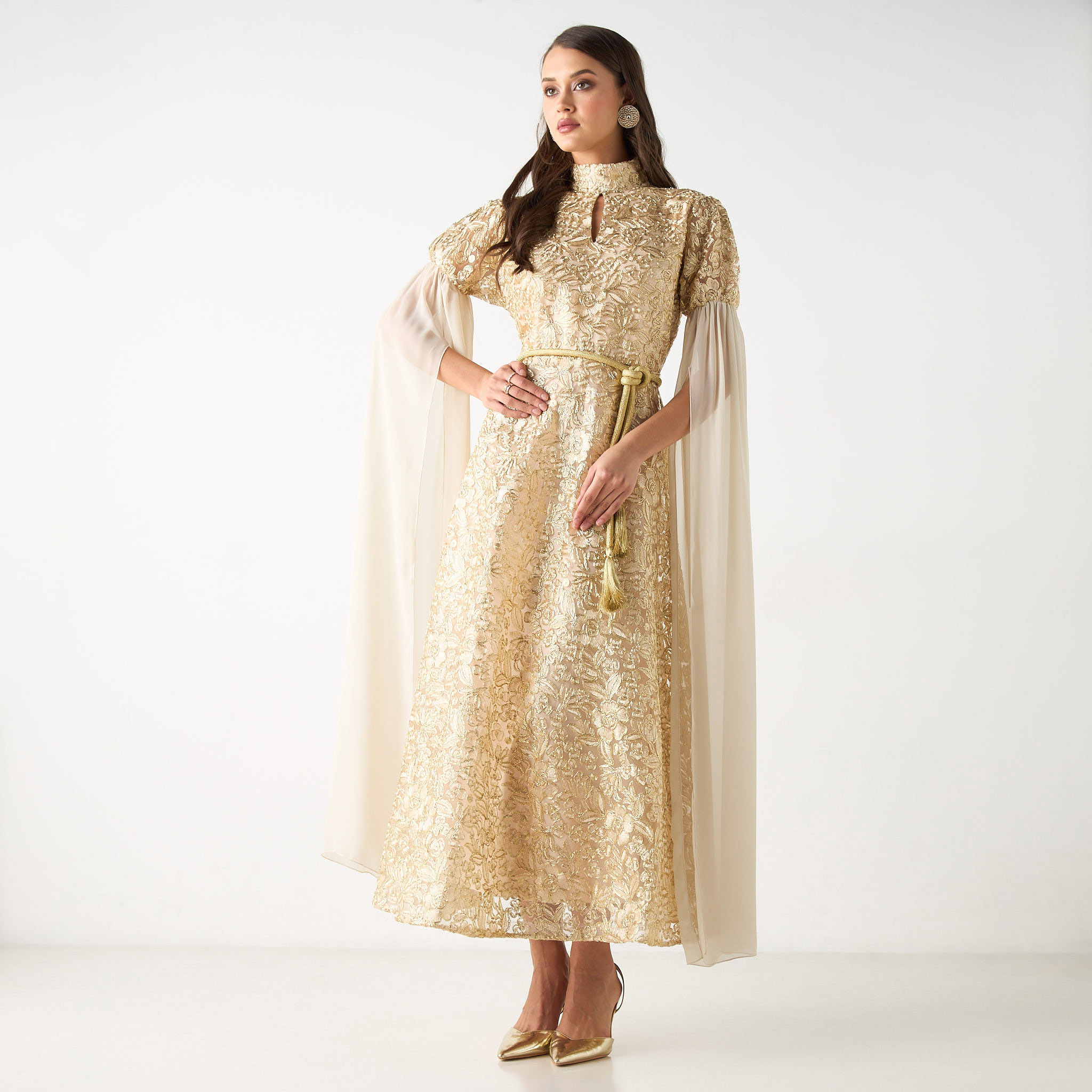 Golden Apple Lace Detail High Neck Maxi Dress with Knot Belt-women-clothing-dresses-image-8