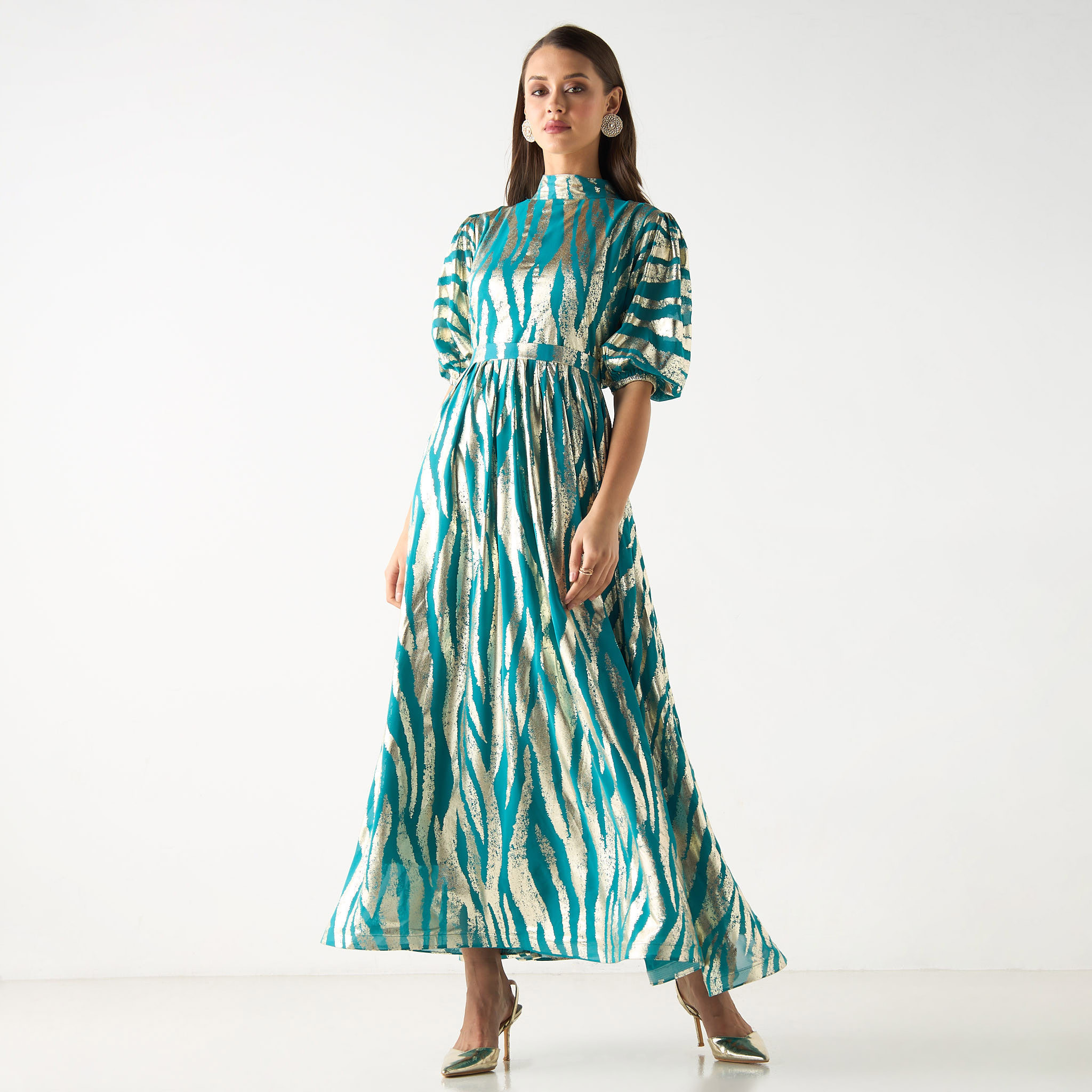 Golden Apple Metallic Print Maxi Dress with Puff Sleeves-women-clothing-dresses-image-1