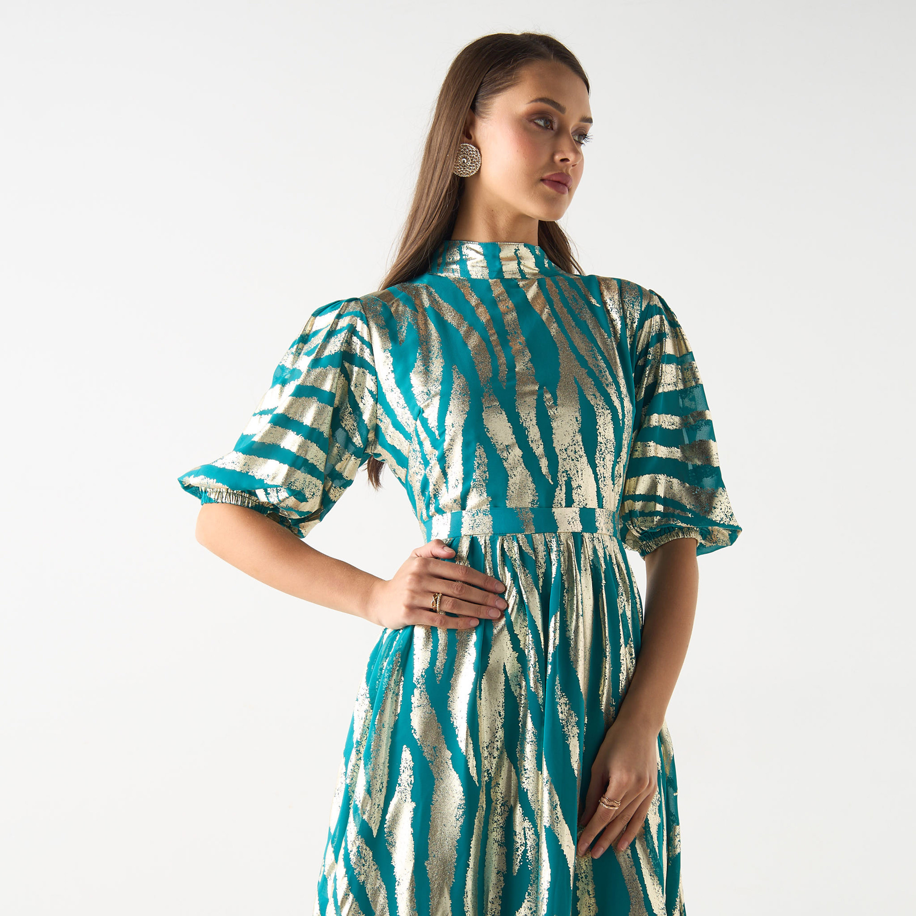 Golden Apple Metallic Print Maxi Dress with Puff Sleeves-women-clothing-dresses-image-4