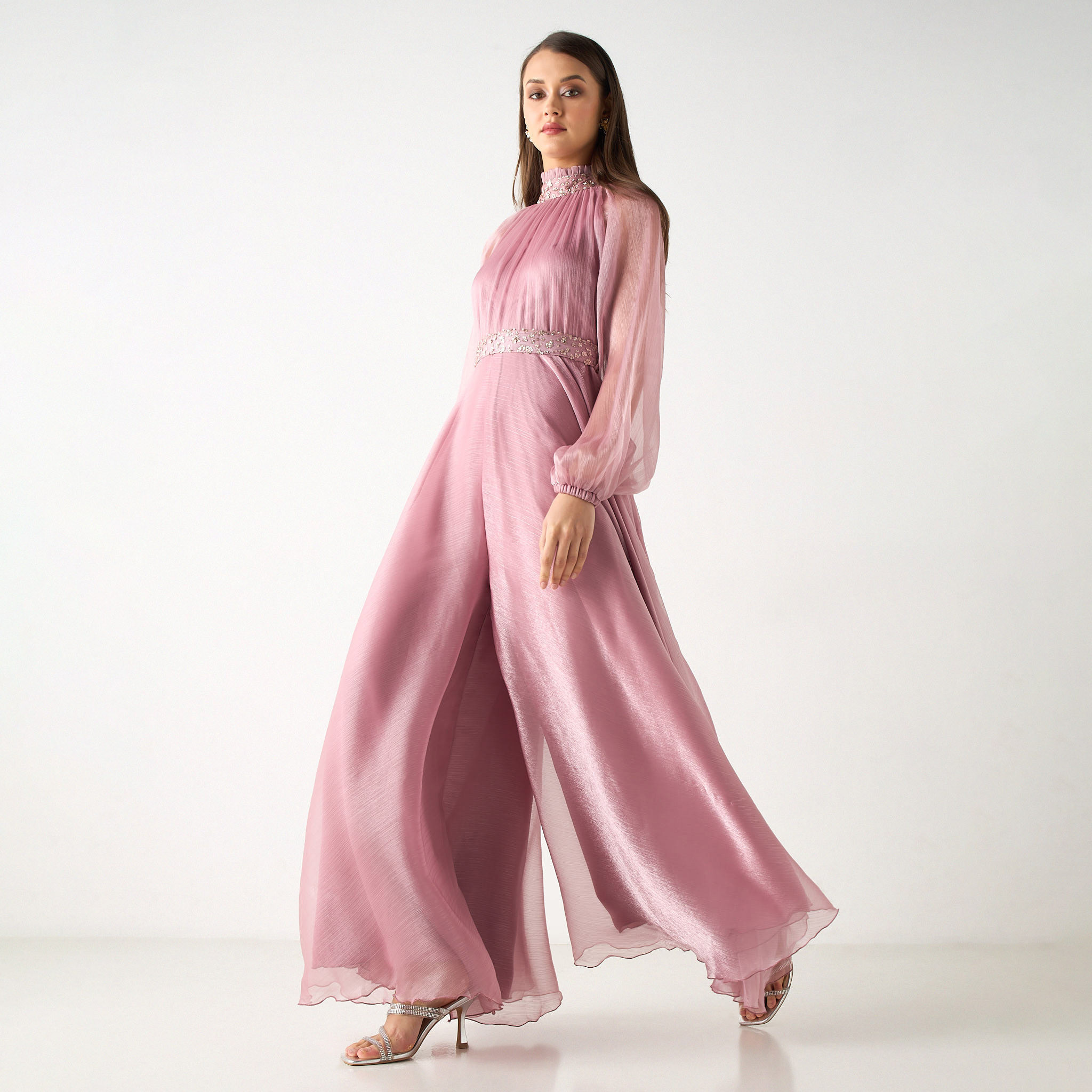 Golden Apple Embellished High Neck Jumpsuit with Tie-Up Belt and Volume Sleeves-women-clothing-jumpsuits-image-1