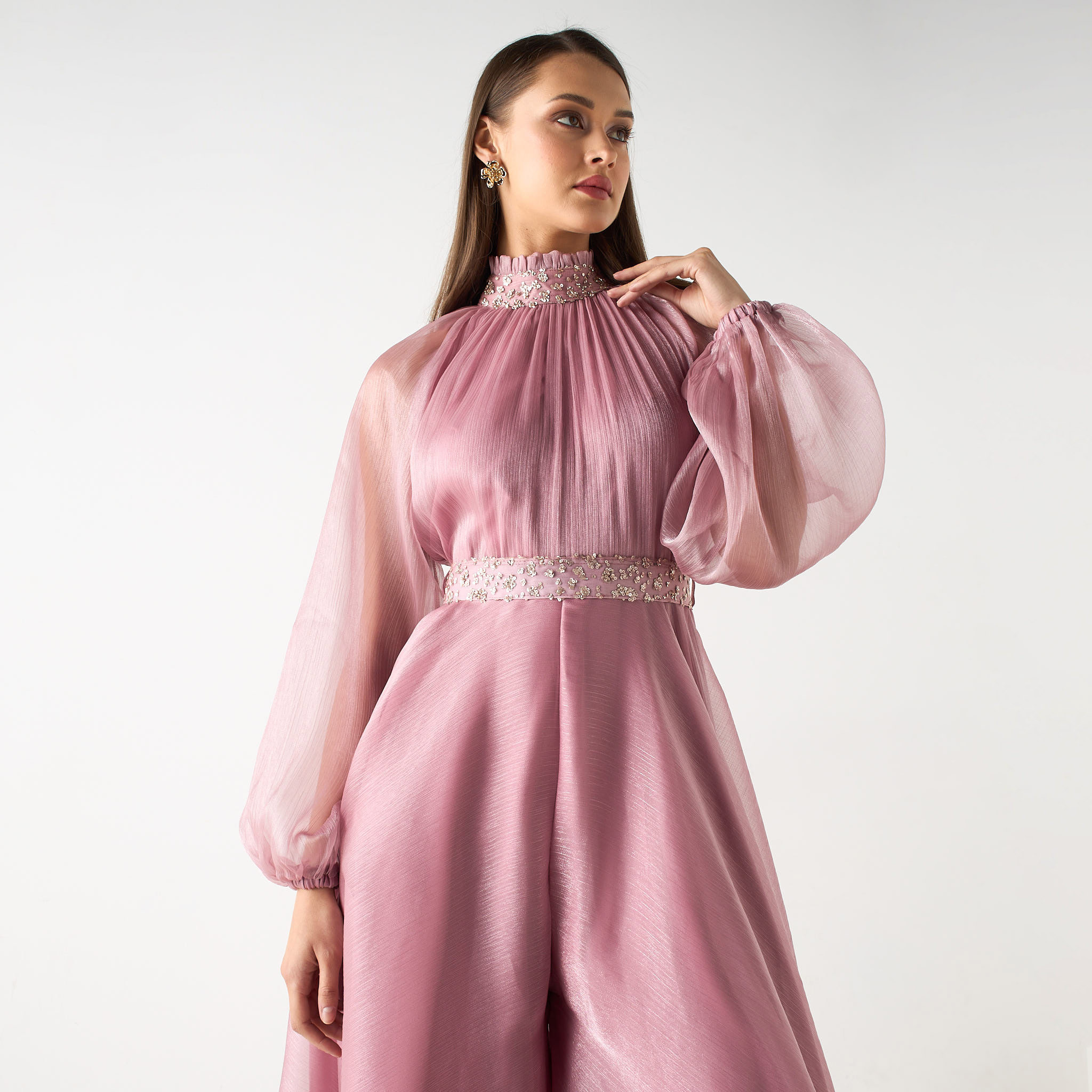 Golden Apple Embellished High Neck Jumpsuit with Tie-Up Belt and Volume Sleeves-women-clothing-jumpsuits-image-4