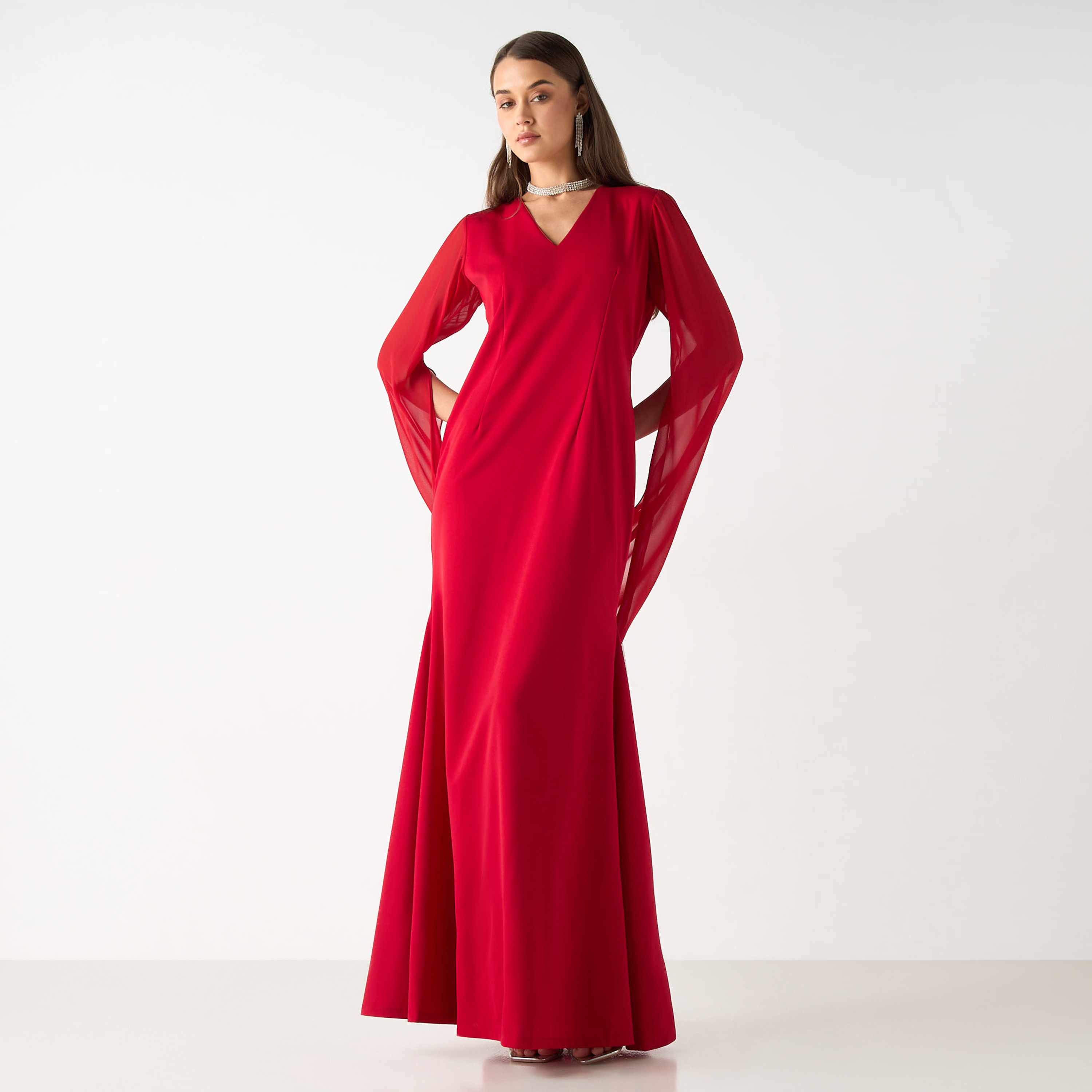 Golden Apple Solid Maxi Dress with V-neck and Long Slit Sleeves-women-clothing-dresses-image-1