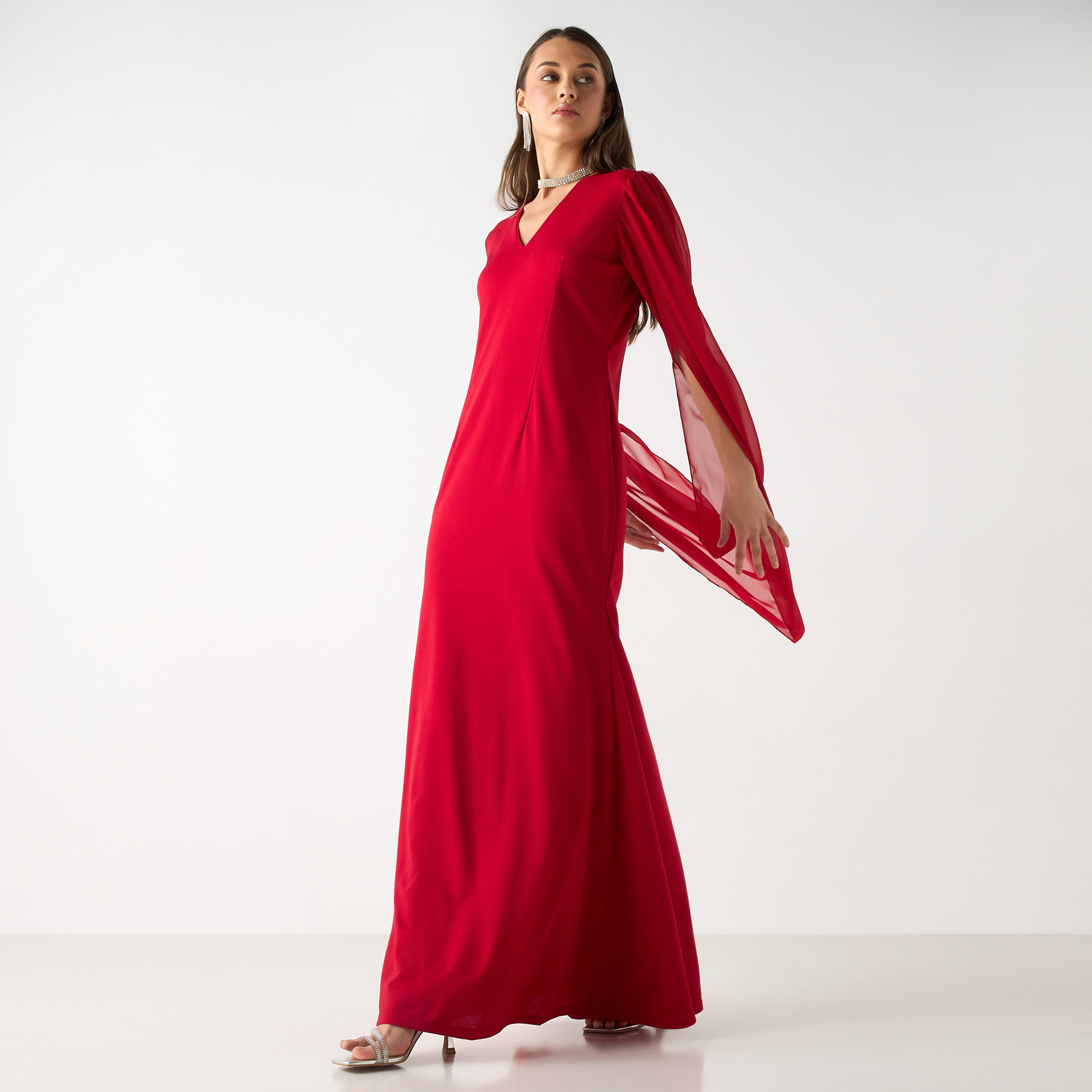 Golden Apple Solid Maxi Dress with V-neck and Long Slit Sleeves-women-clothing-dresses-image-2