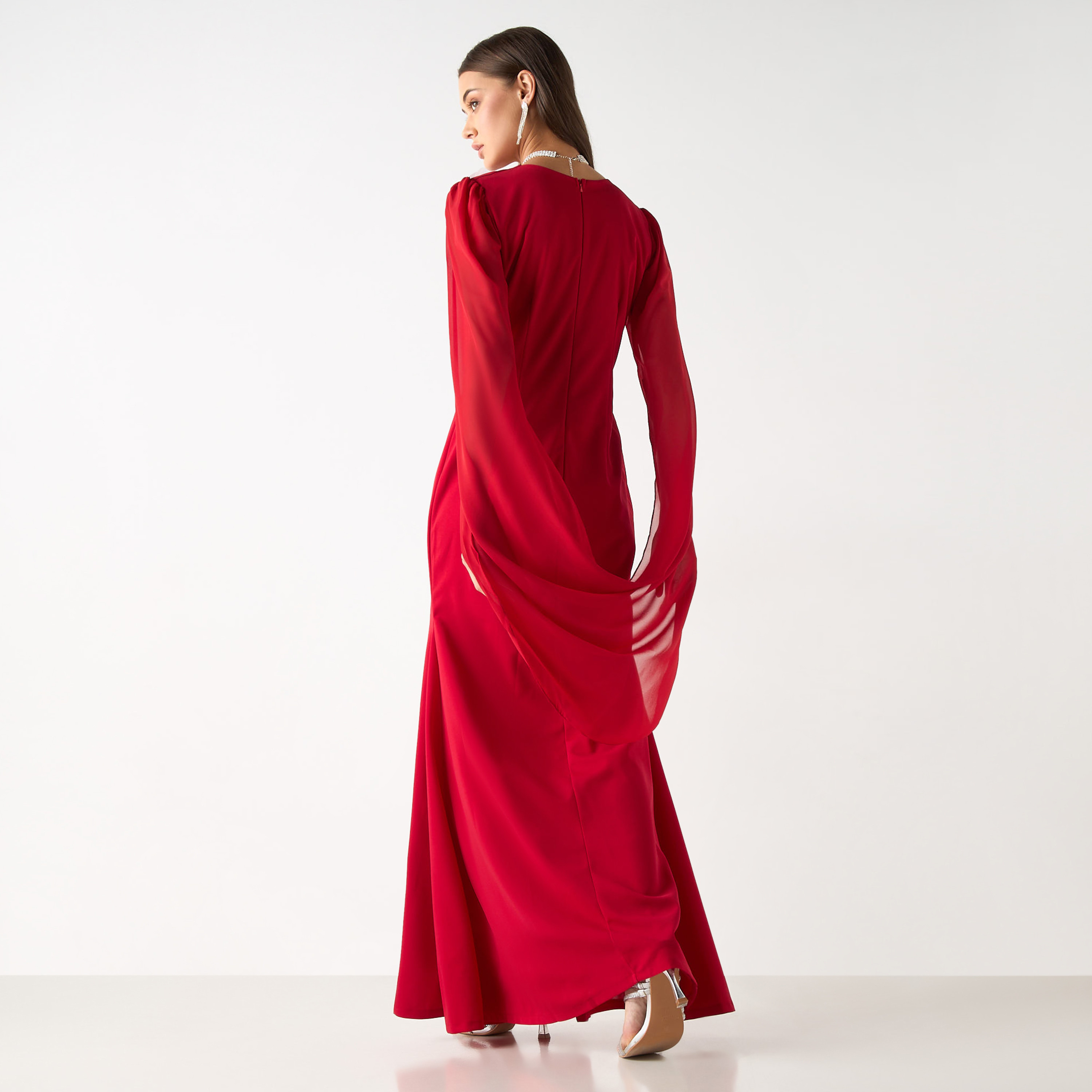 Golden Apple Solid Maxi Dress with V-neck and Long Slit Sleeves-women-clothing-dresses-image-3