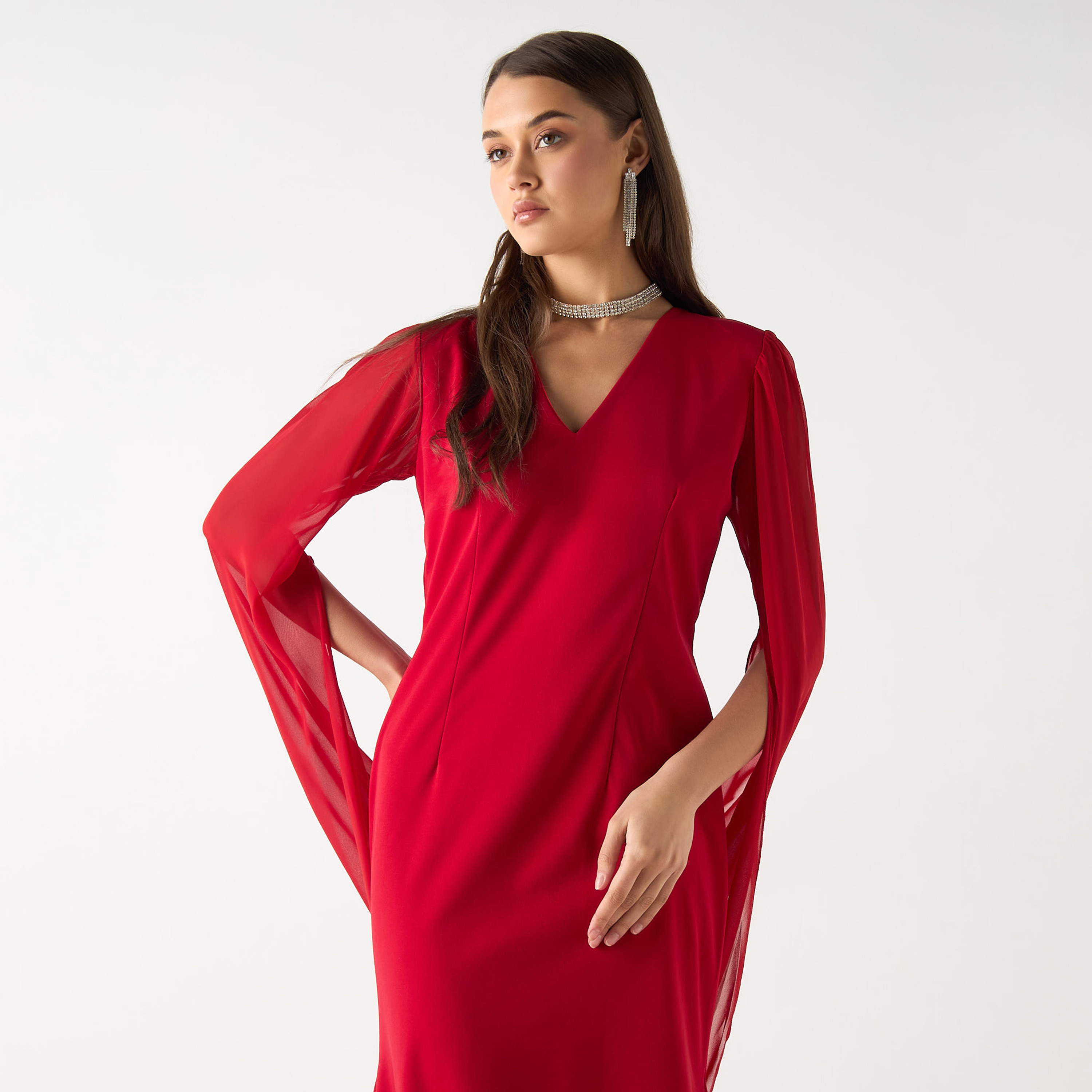 Golden Apple Solid Maxi Dress with V-neck and Long Slit Sleeves-women-clothing-dresses-image-4