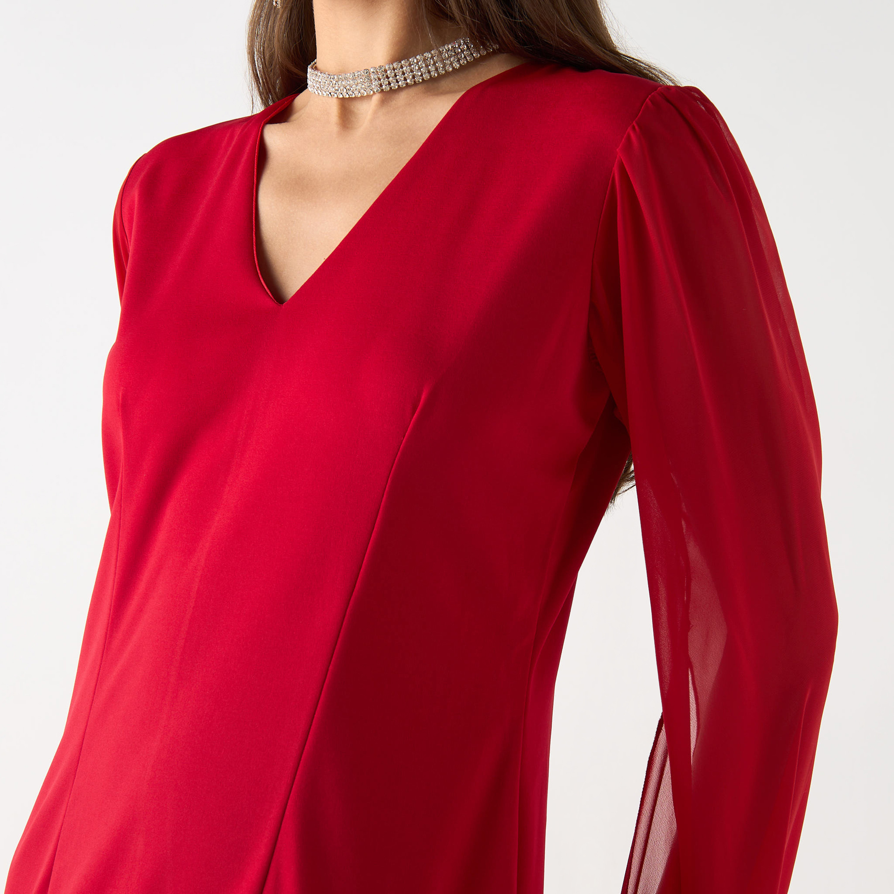 Golden Apple Solid Maxi Dress with V-neck and Long Slit Sleeves-women-clothing-dresses-image-5