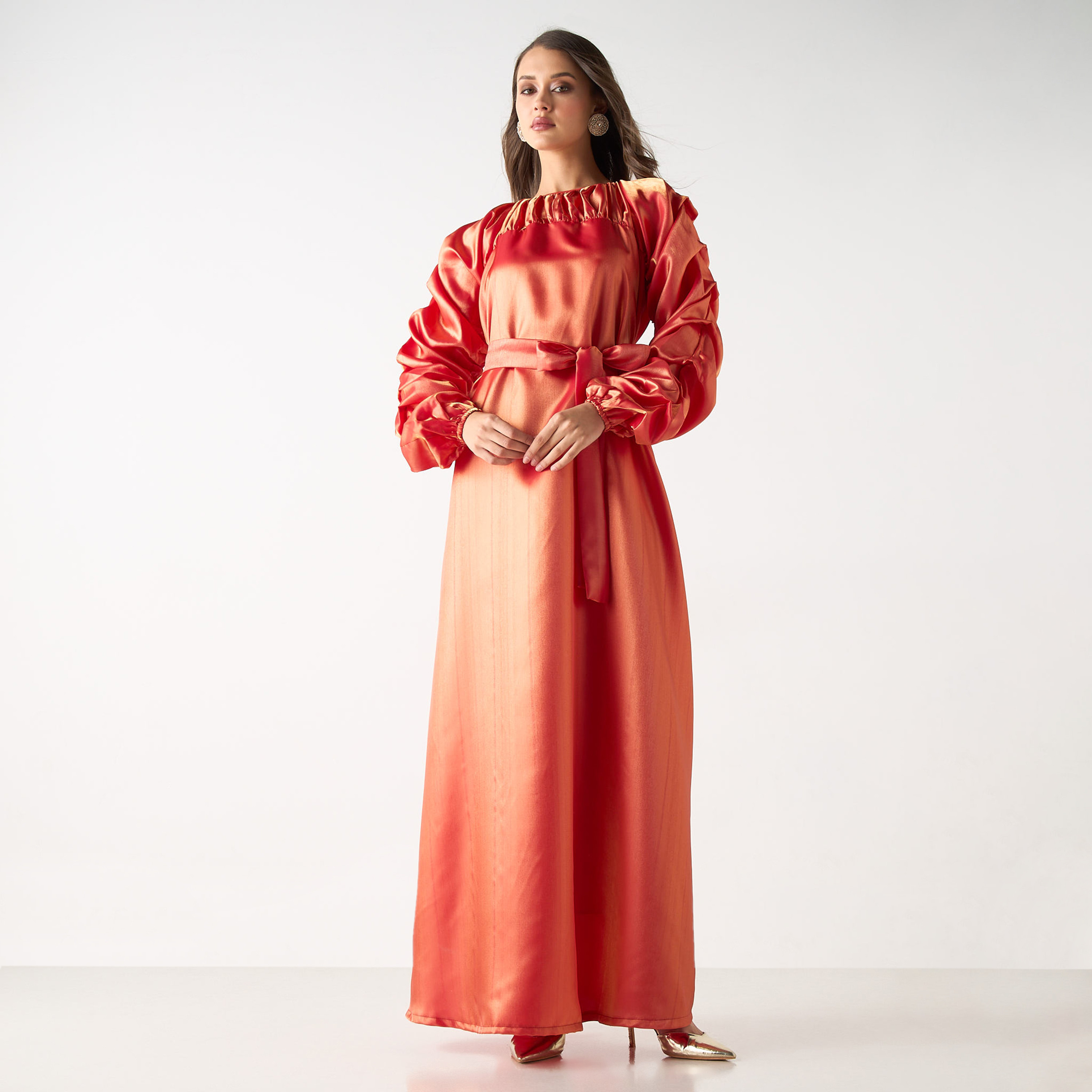 Golden Apple Ruched Detail Maxi Dress with Tie-Up Belt-women-clothing-dresses-image-2