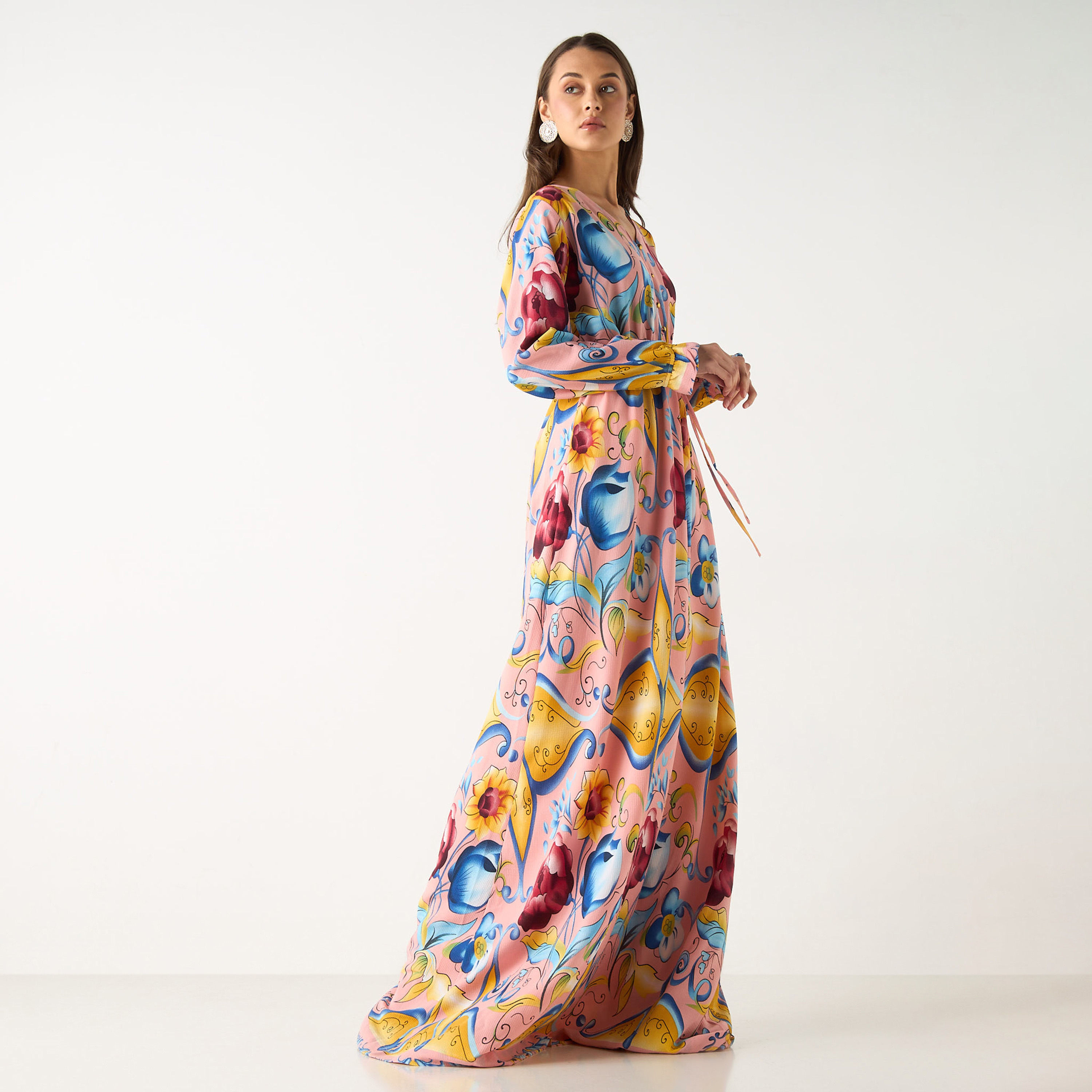 فستان طويل بياقة V وأكمام طويلة وطبعات من جولدن أبل-women-clothing-dresses-image-13
