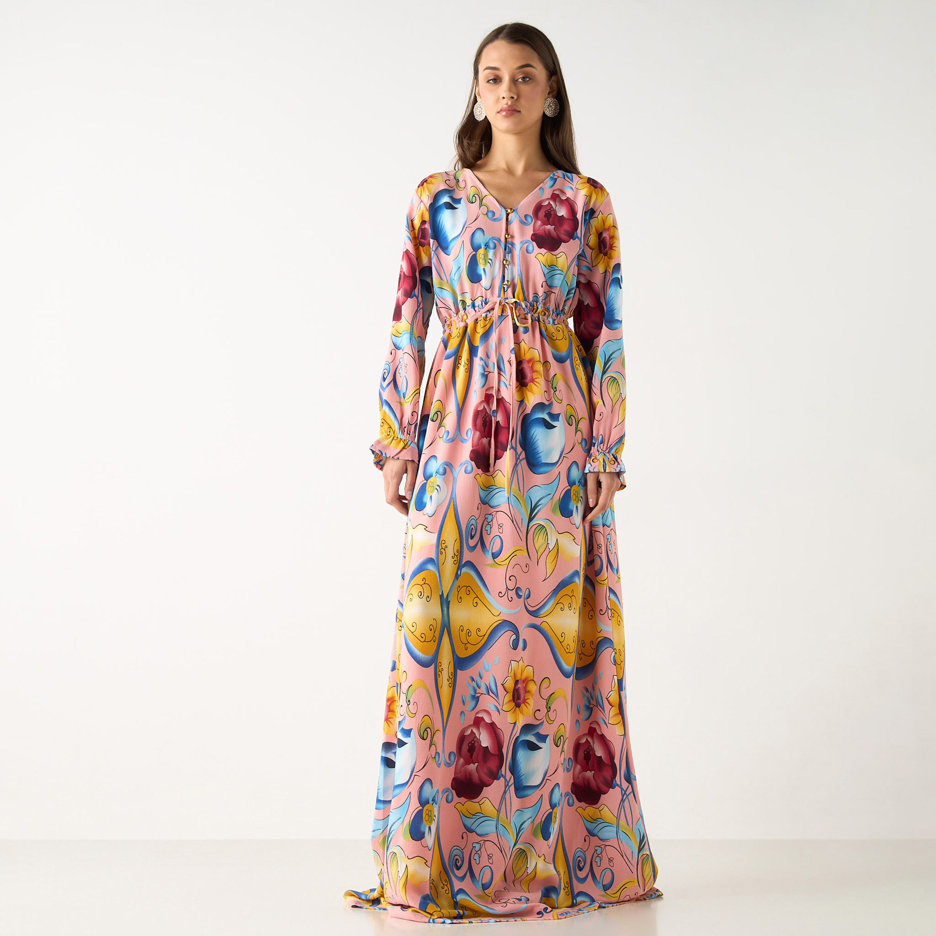فستان طويل بياقة V وأكمام طويلة وطبعات من جولدن أبل-women-clothing-dresses-image-14