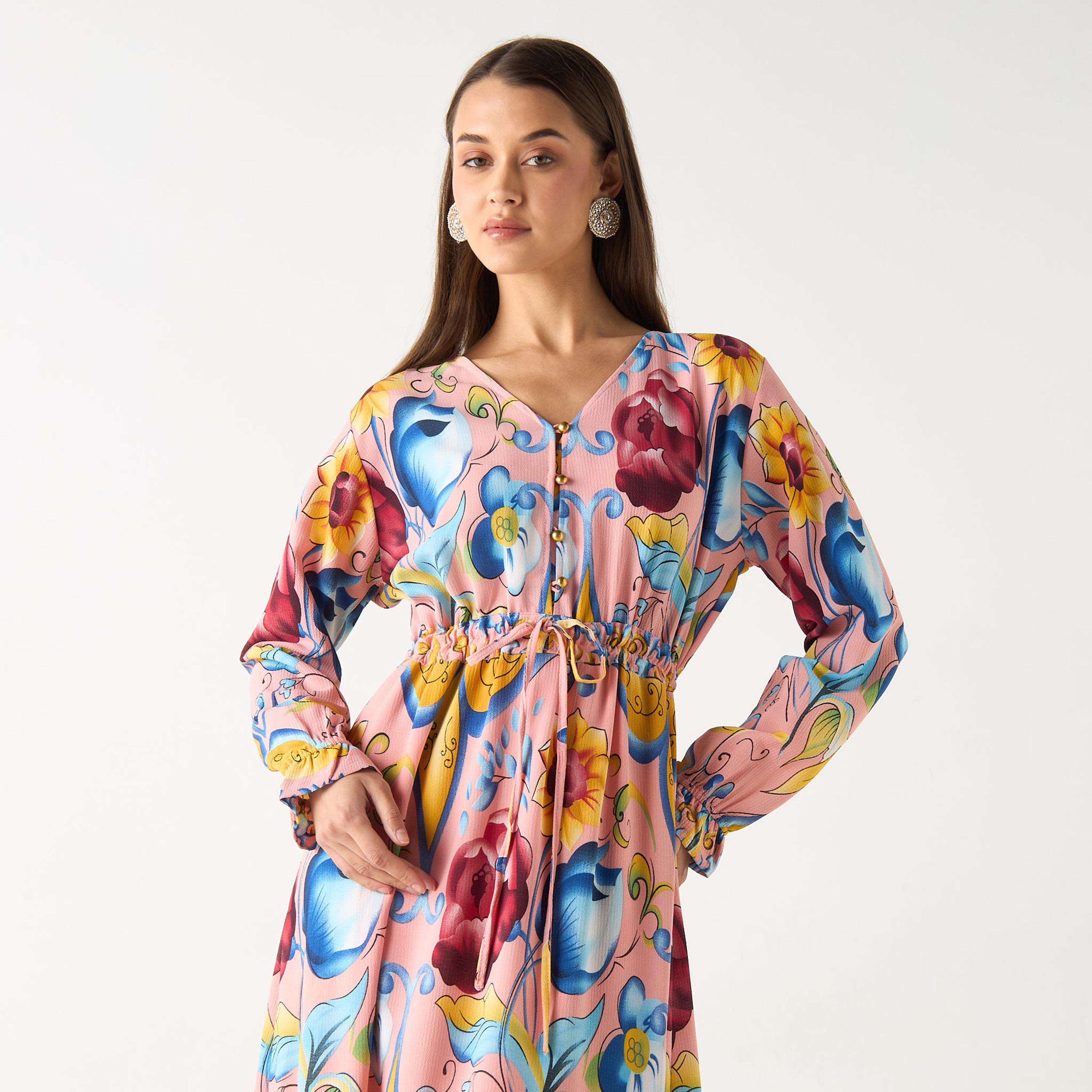 فستان طويل بياقة V وأكمام طويلة وطبعات من جولدن أبل-women-clothing-dresses-image-16