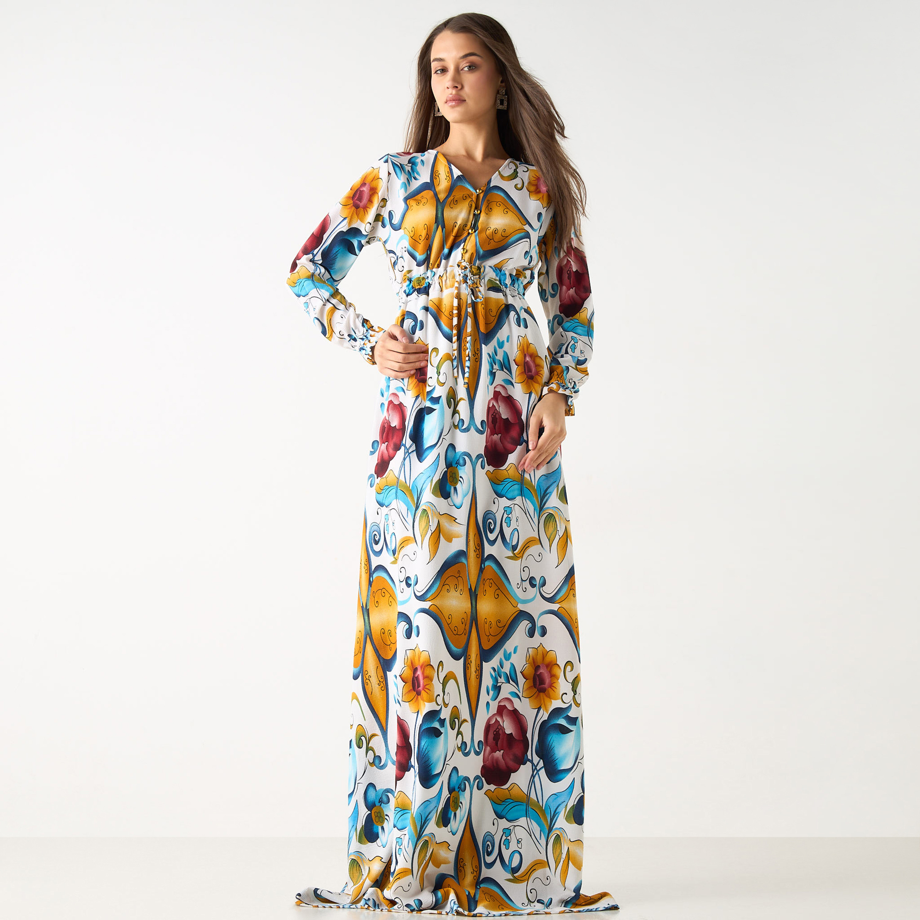فستان طويل بياقة V وأكمام طويلة وطبعات من جولدن أبل-women-clothing-dresses-image-7