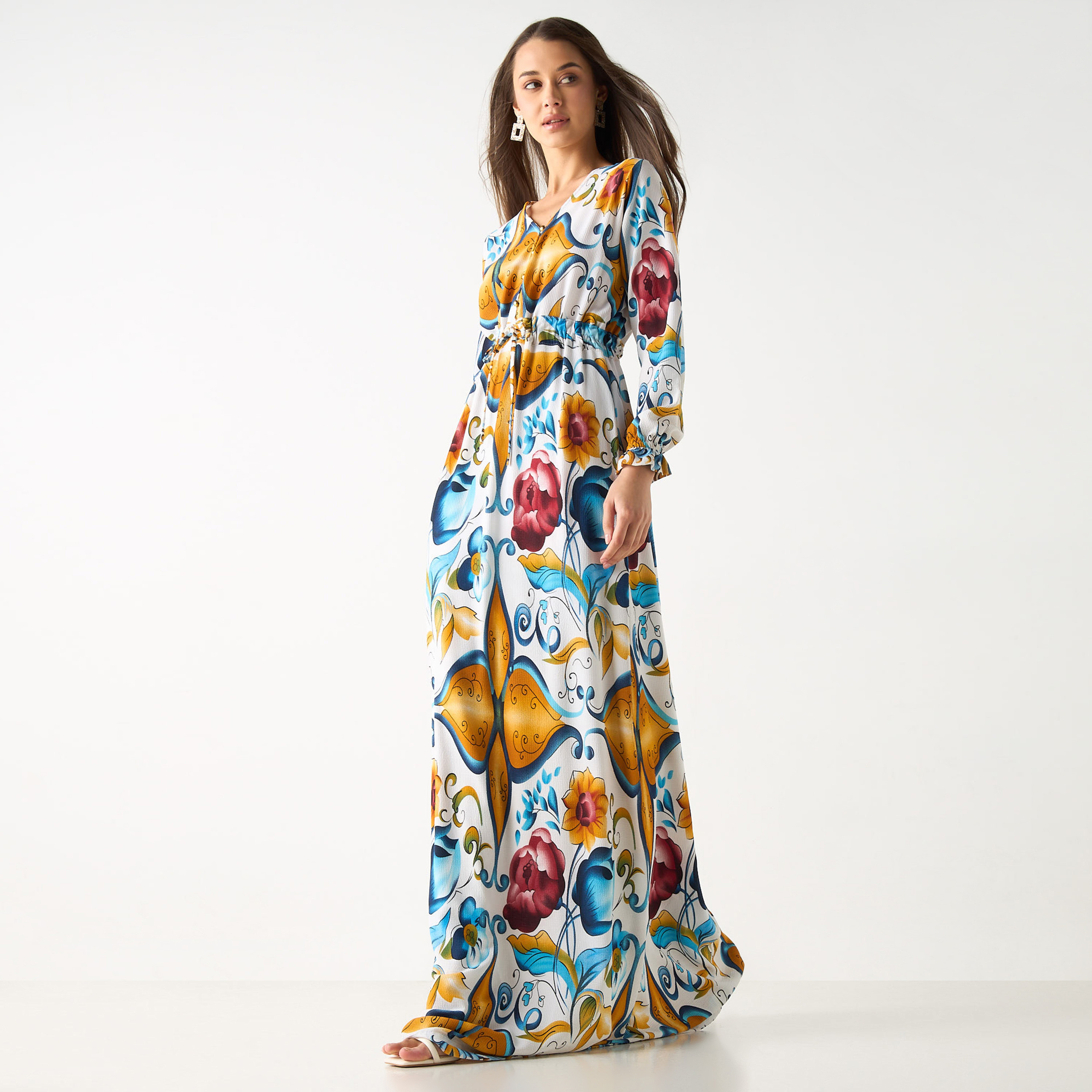 فستان طويل بياقة V وأكمام طويلة وطبعات من جولدن أبل-women-clothing-dresses-image-8