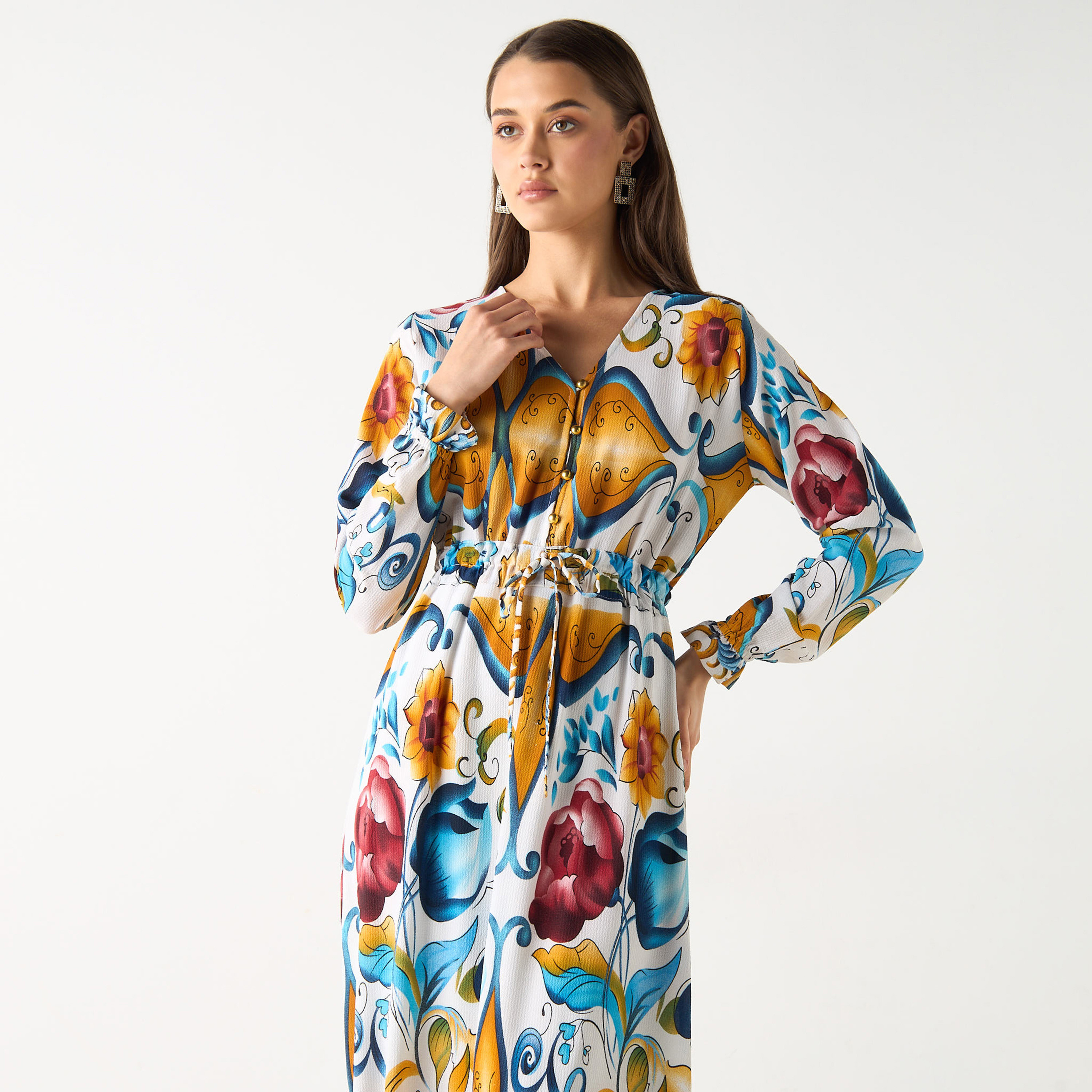 فستان طويل بياقة V وأكمام طويلة وطبعات من جولدن أبل-women-clothing-dresses-image-10