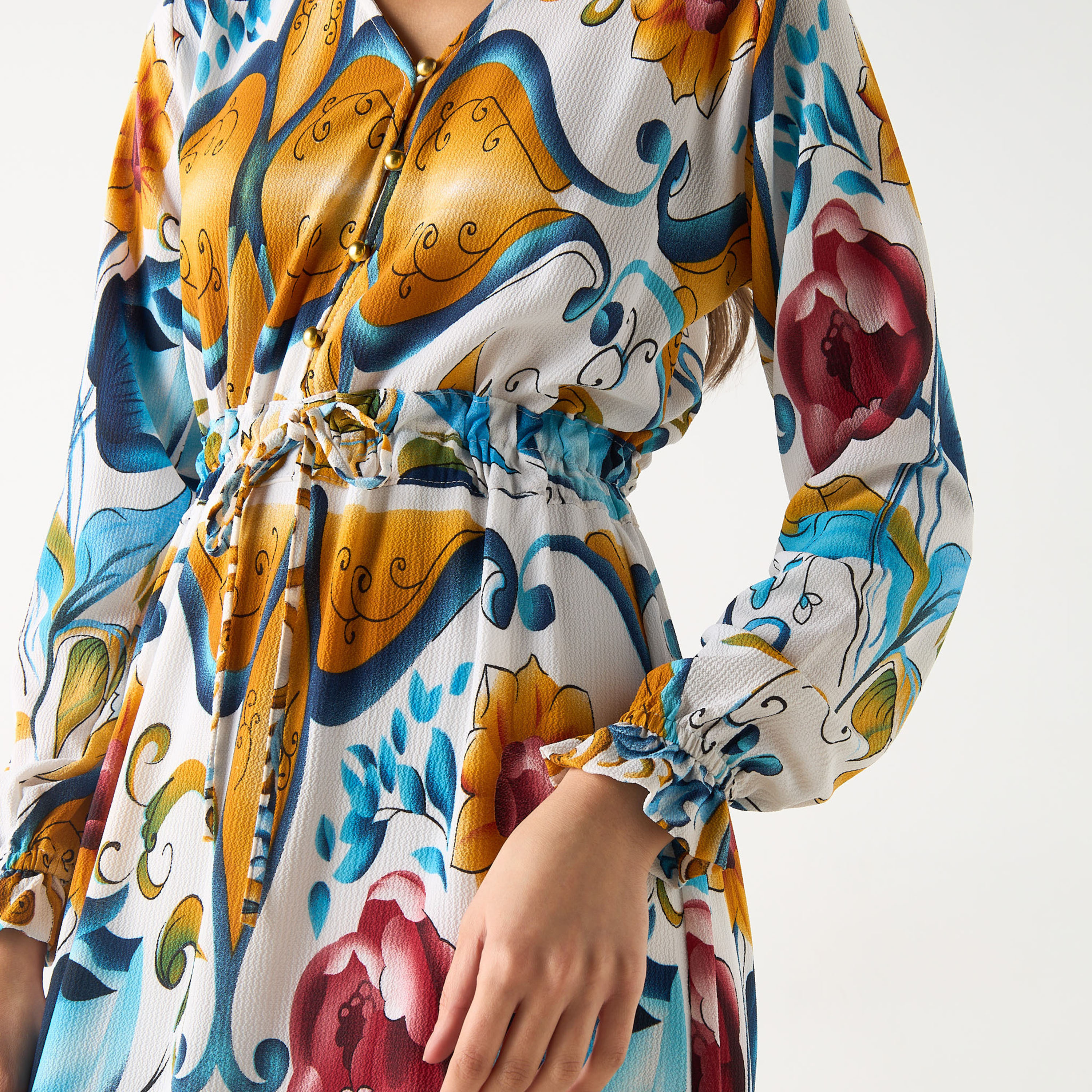 فستان طويل بياقة V وأكمام طويلة وطبعات من جولدن أبل-women-clothing-dresses-image-11