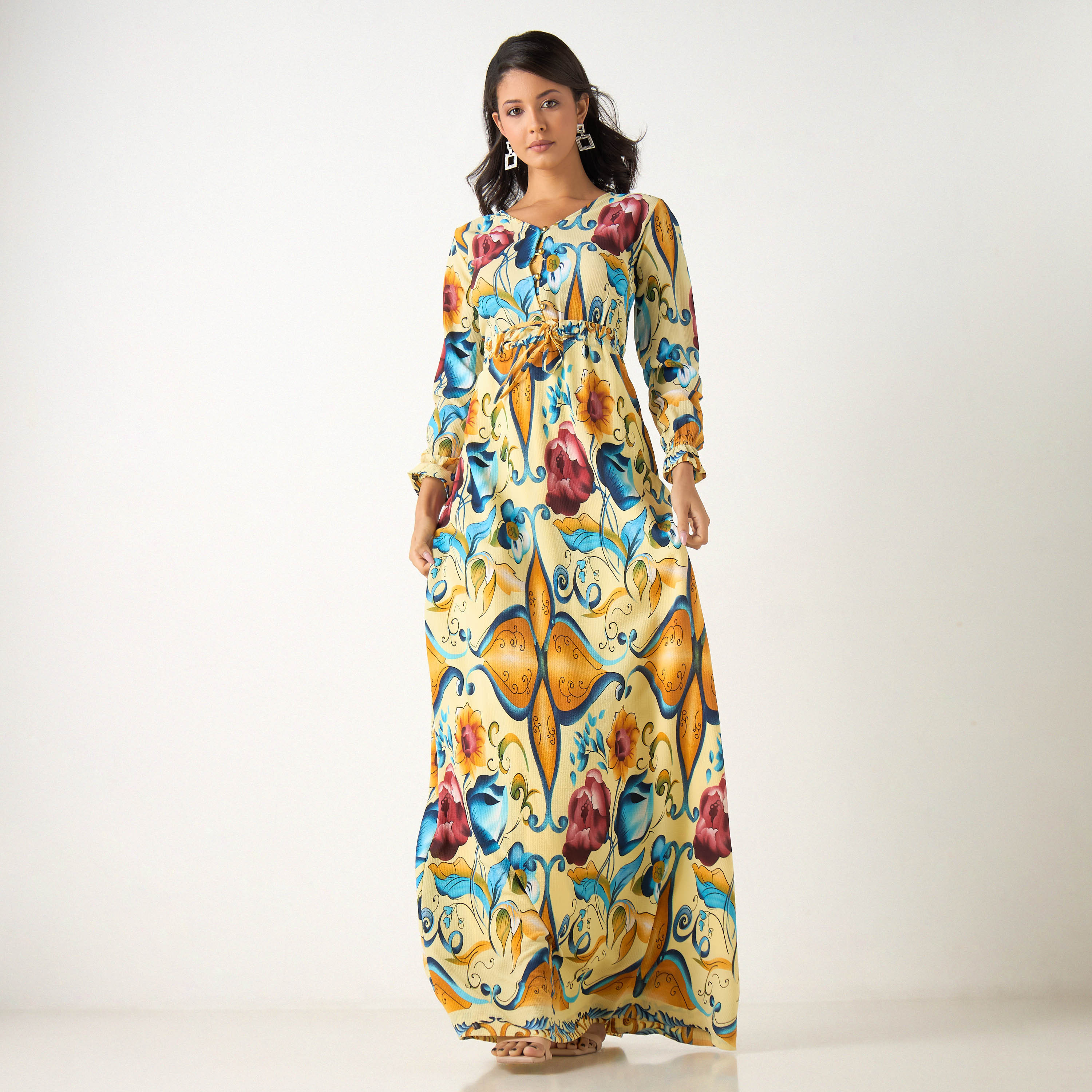فستان طويل بياقة V وأكمام طويلة وطبعات من جولدن أبل-women-clothing-dresses-image-1