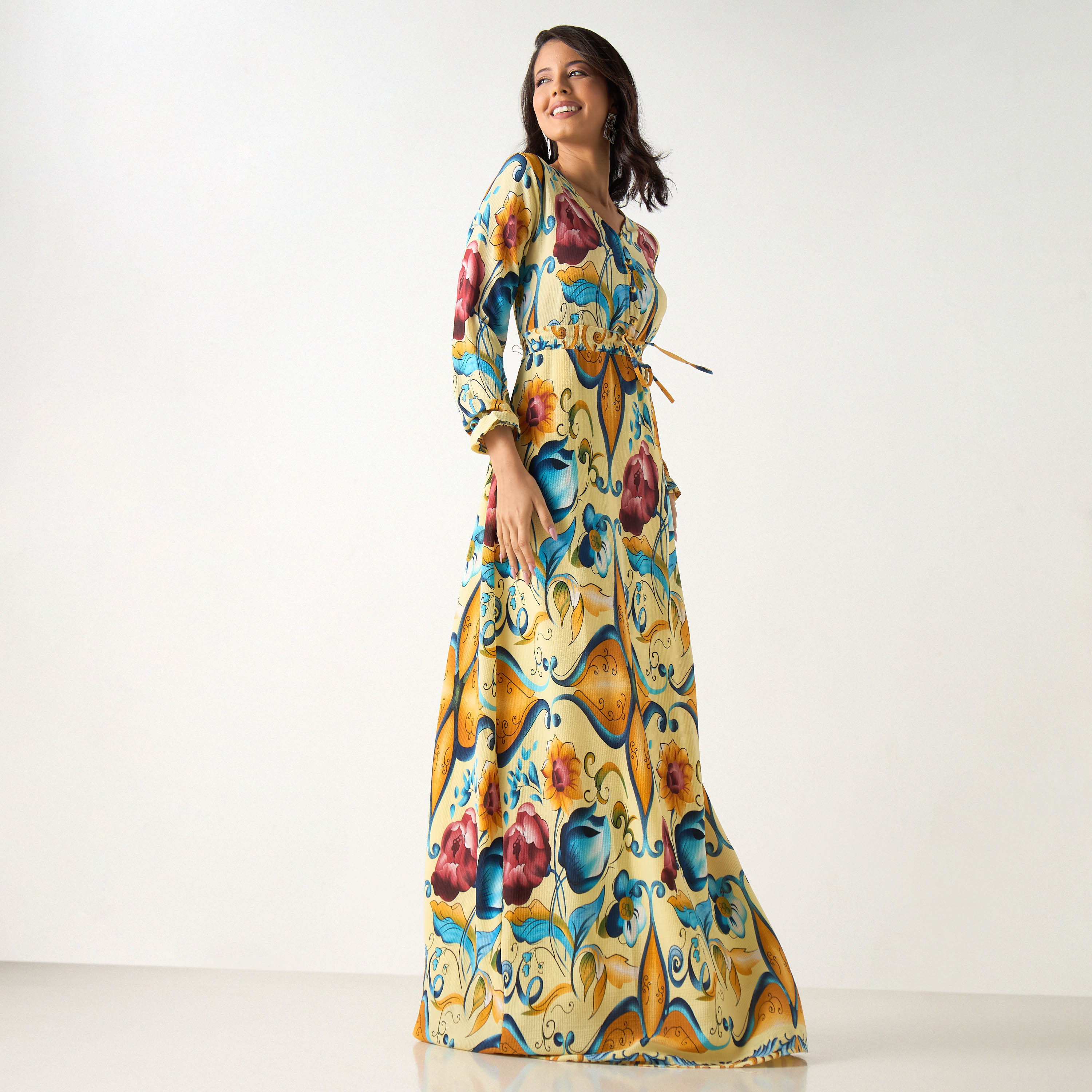 Golden Apple All-Over Printed Maxi Dress with Long Sleeves and V-neck-women-clothing-dresses-image-2