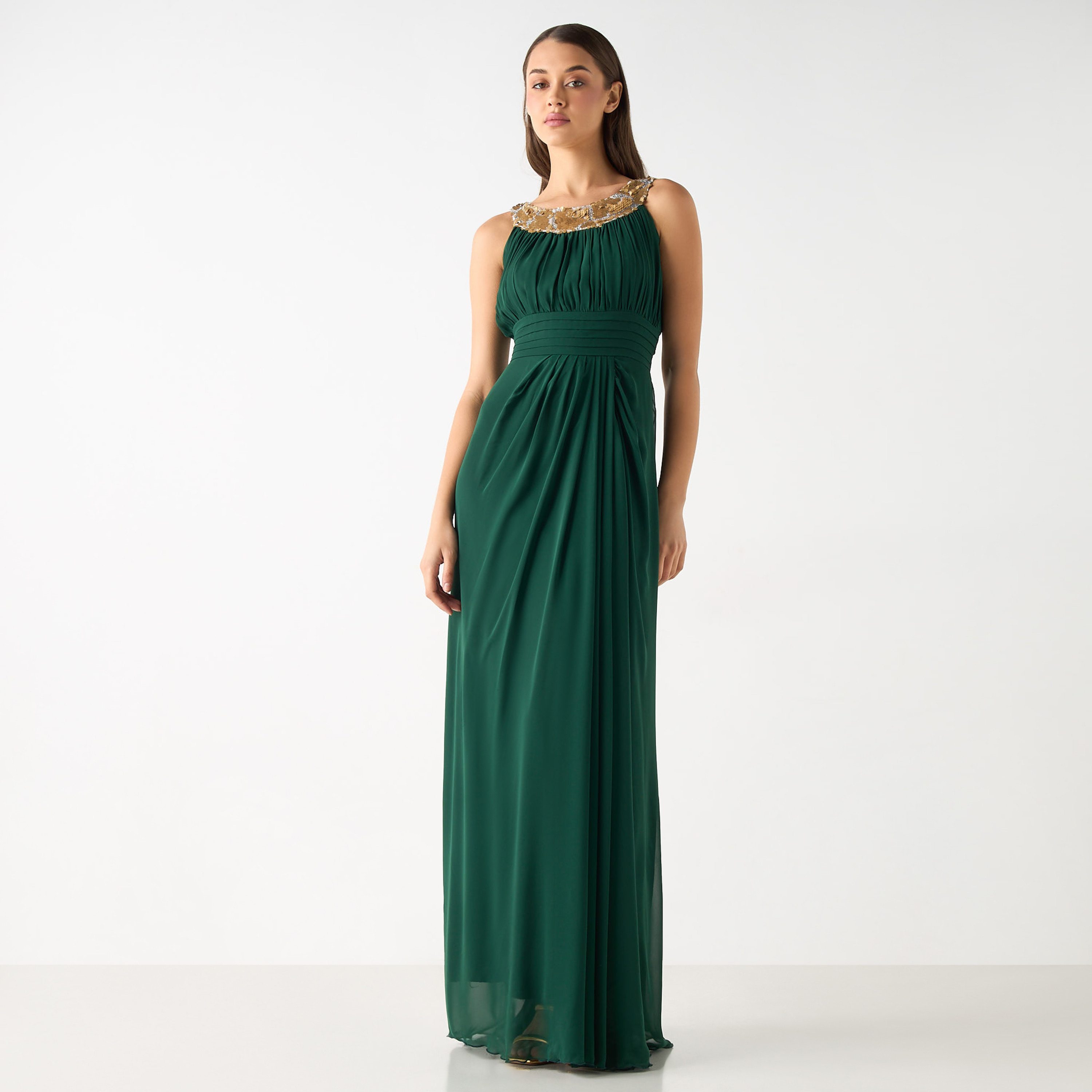 فستان طويل مزين دون أكمام مع طيات وسحاب للإغلاق من جولدن أبل-women-clothing-dresses-image-8