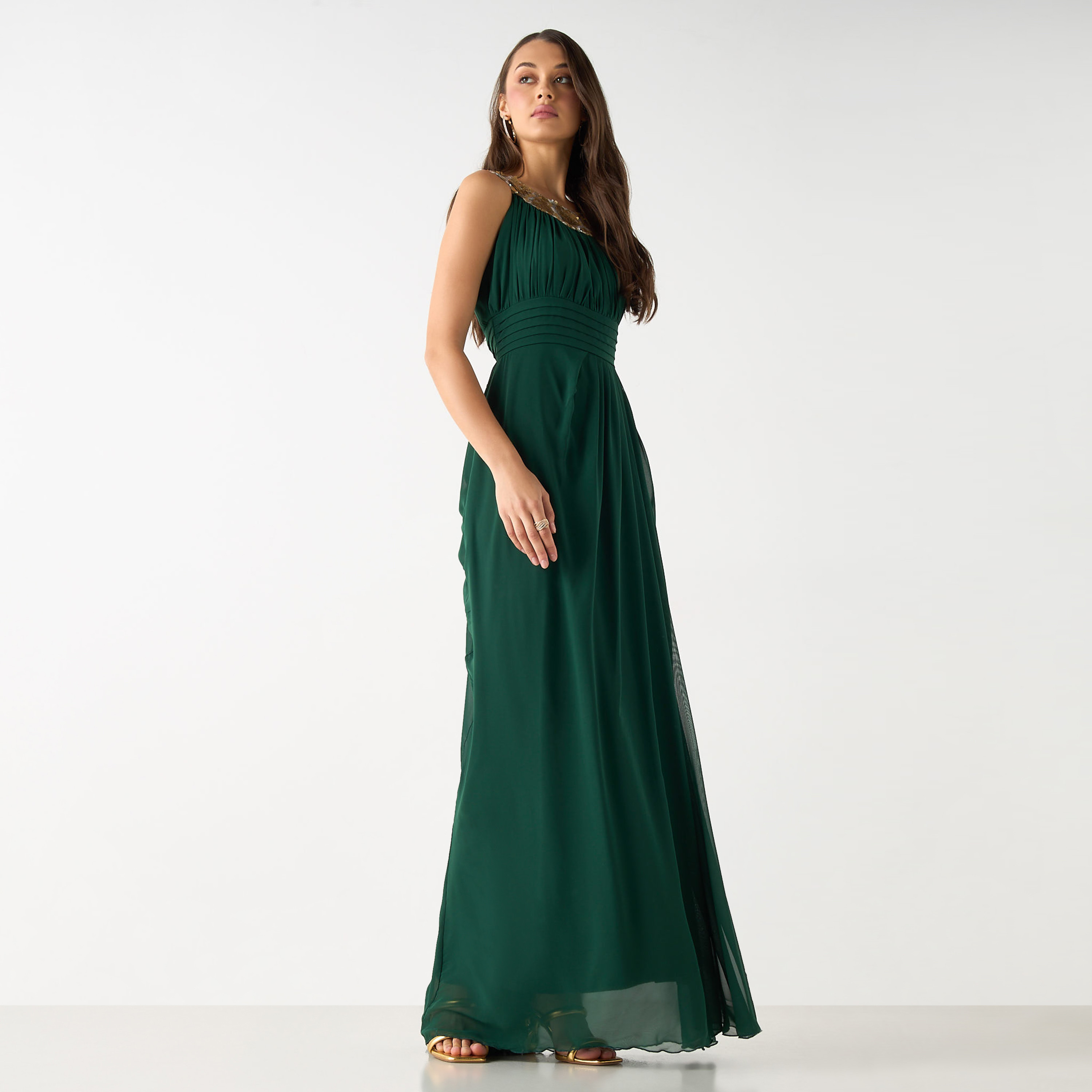 فستان طويل مزين دون أكمام مع طيات وسحاب للإغلاق من جولدن أبل-women-clothing-dresses-image-9