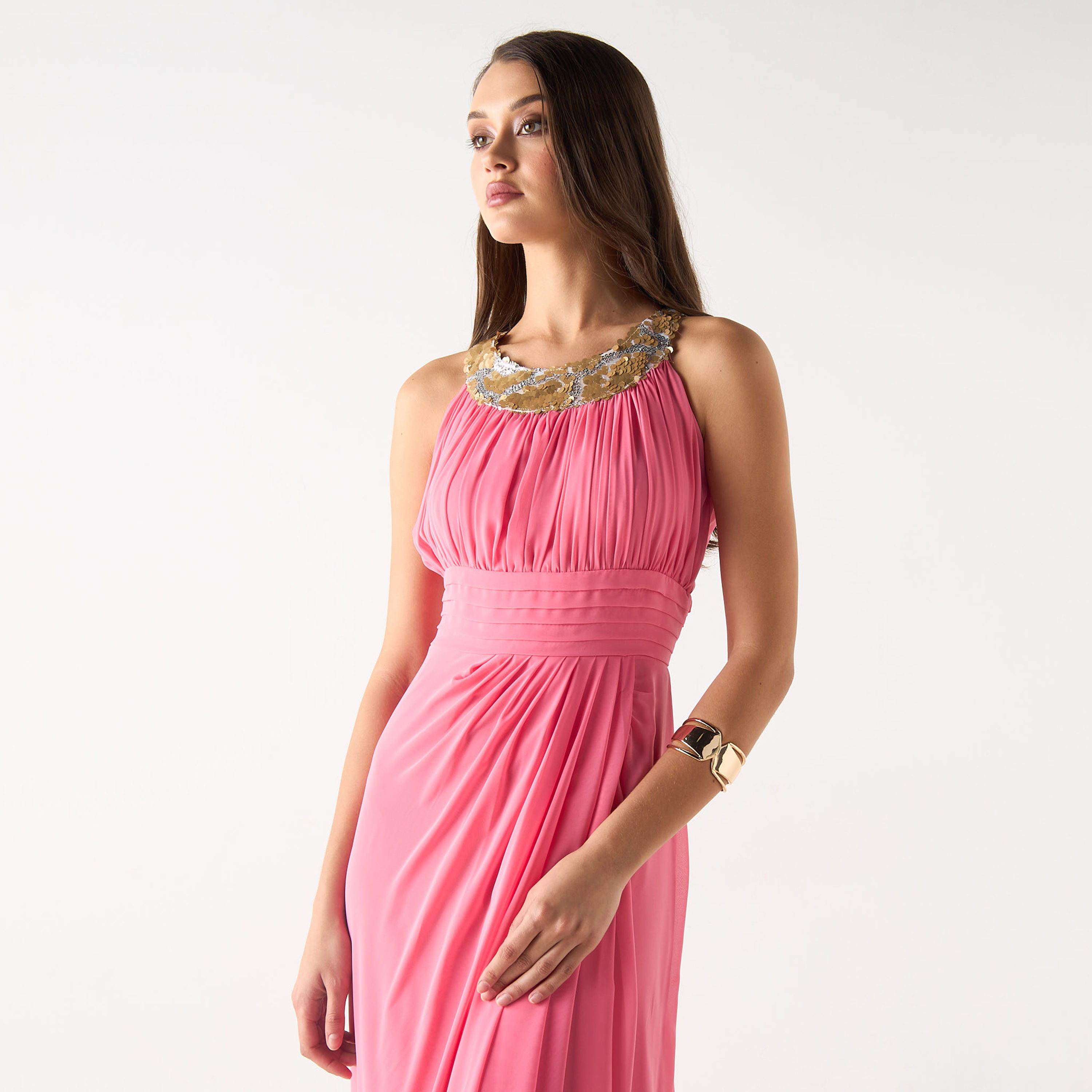 فستان طويل مزين دون أكمام مع طيات وسحاب للإغلاق من جولدن أبل-women-clothing-dresses-image-4