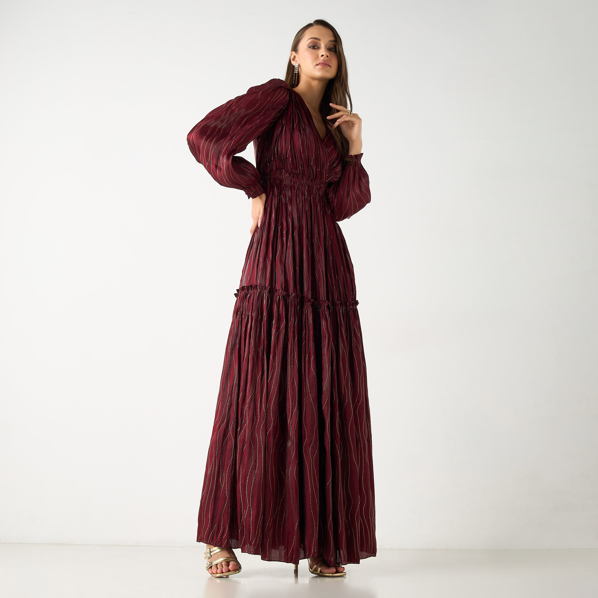 Golden Apple Embellished Maxi Dress with V-neck and Long Sleeves-women-clothing-dresses-image-1