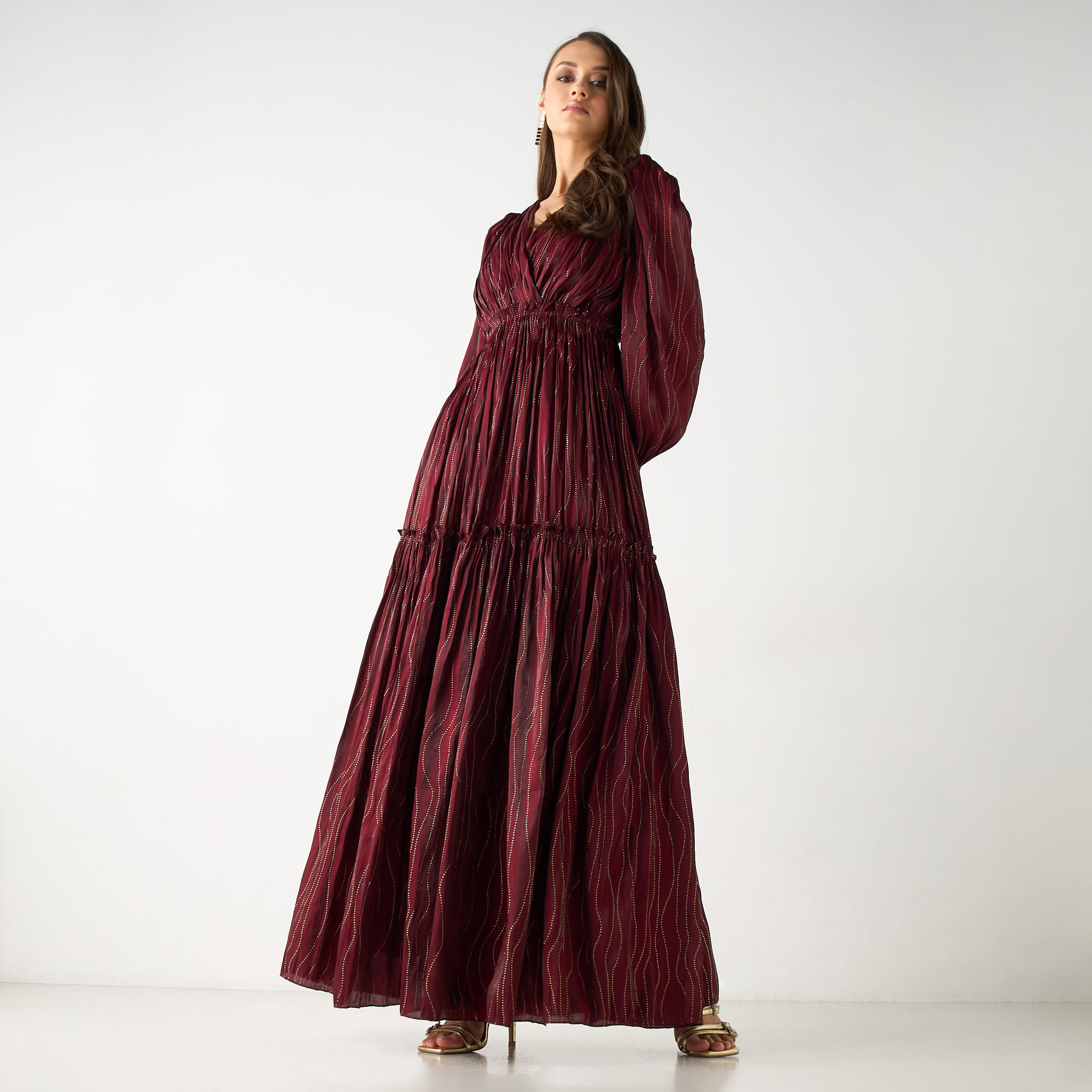 Golden Apple Embellished Maxi Dress with V-neck and Long Sleeves-women-clothing-dresses-image-2