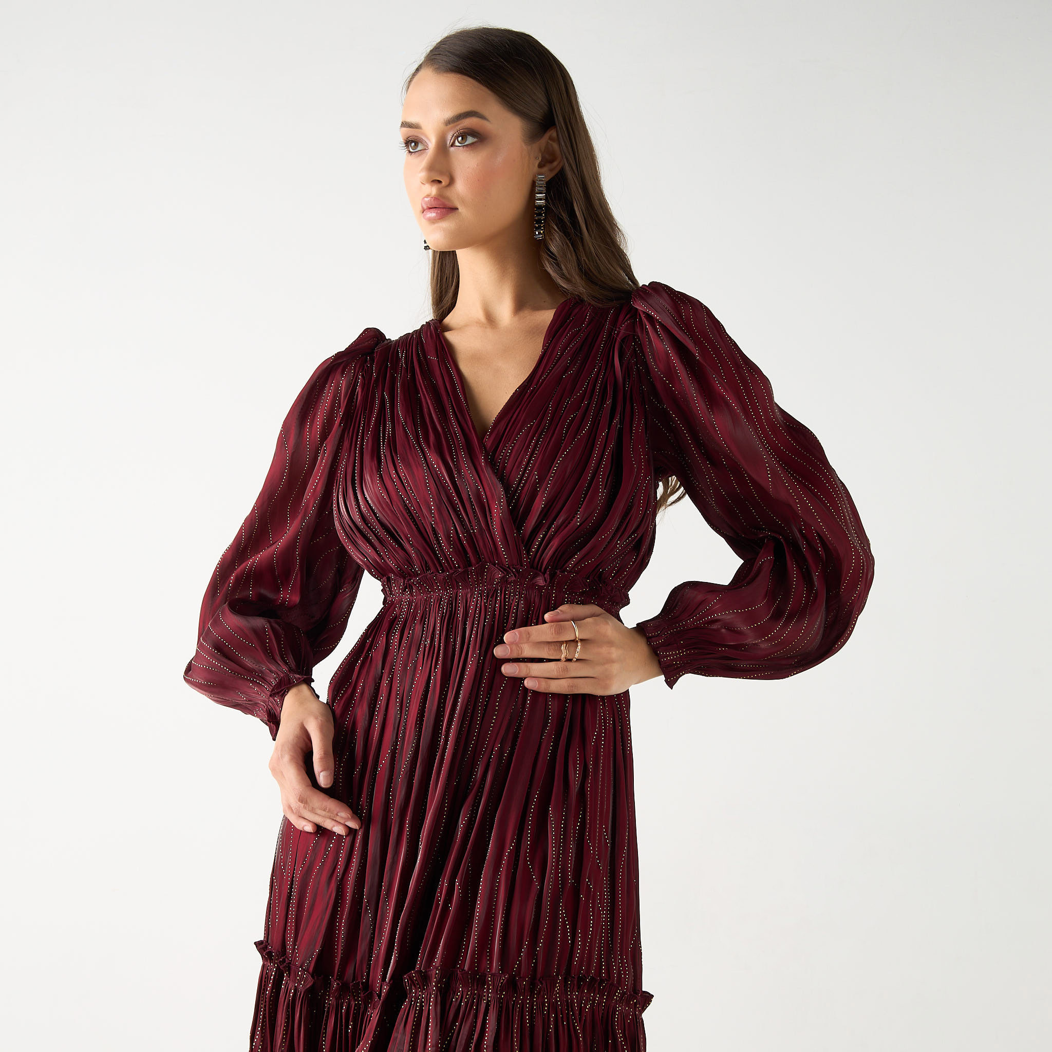 Golden Apple Embellished Maxi Dress with V-neck and Long Sleeves-women-clothing-dresses-image-4