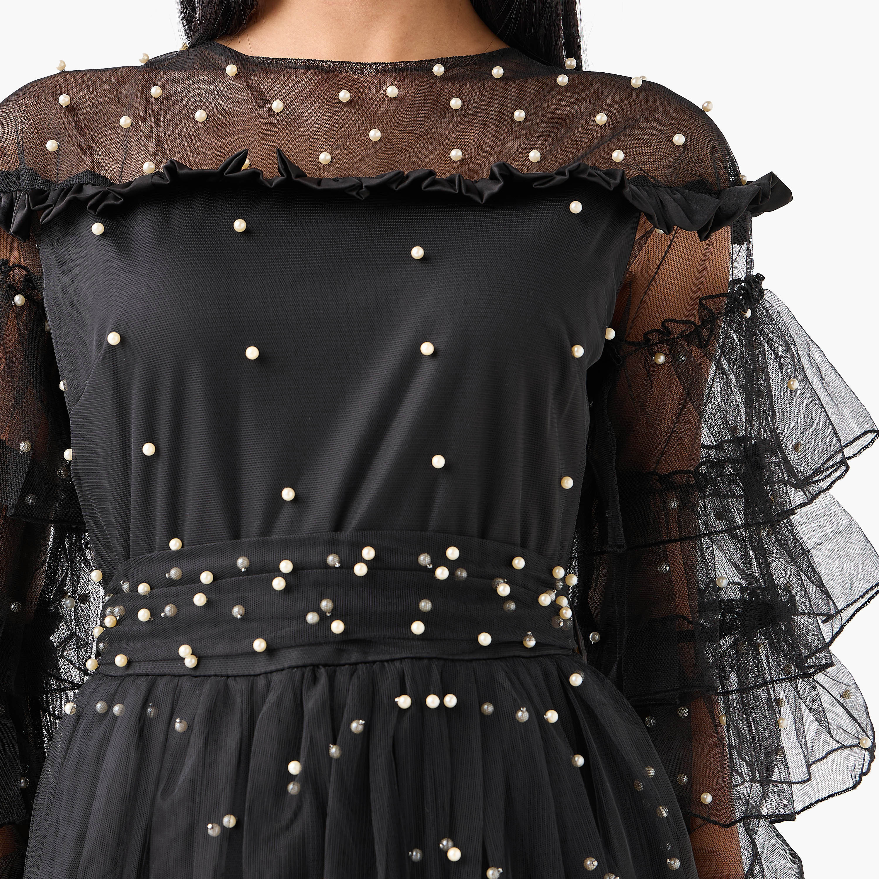 Golden Apple Black Pearl Detailed Balloon Ruffle Sleeves Fit & Flared Women's Evening Maxi Dress-women-clothing-dresses-image-2