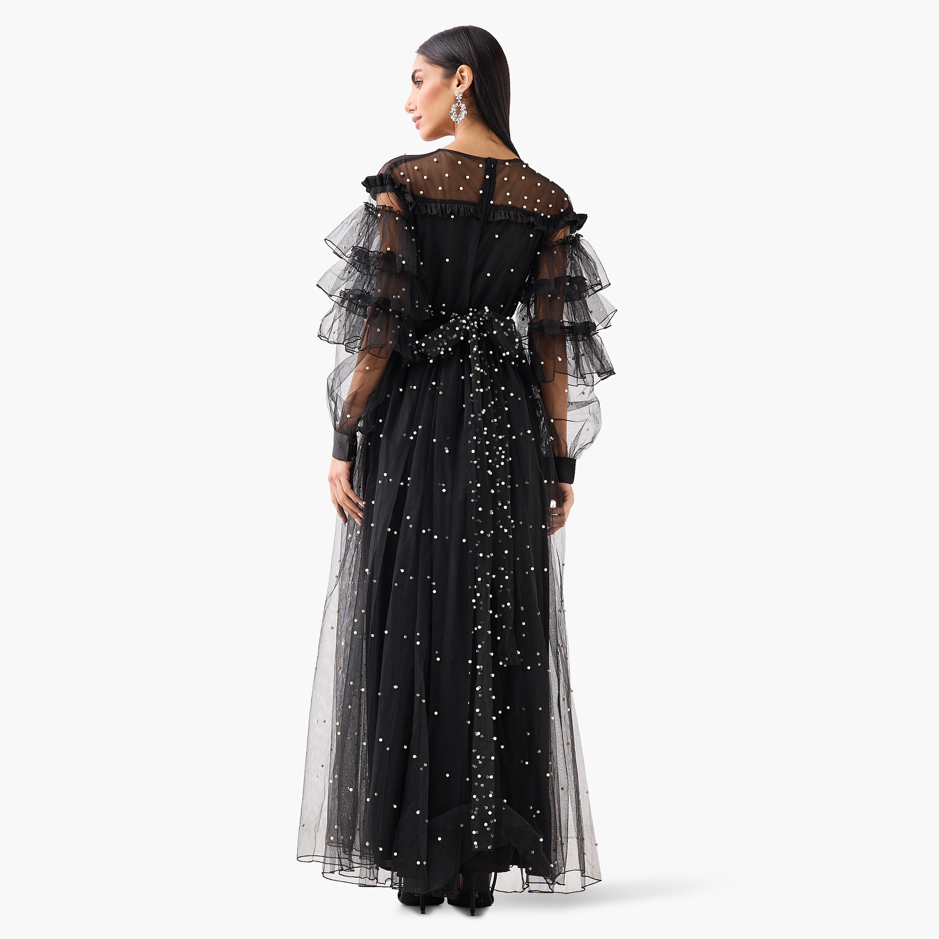 Golden Apple Black Pearl Detailed Balloon Ruffle Sleeves Fit & Flared Women's Evening Maxi Dress-women-clothing-dresses-image-4