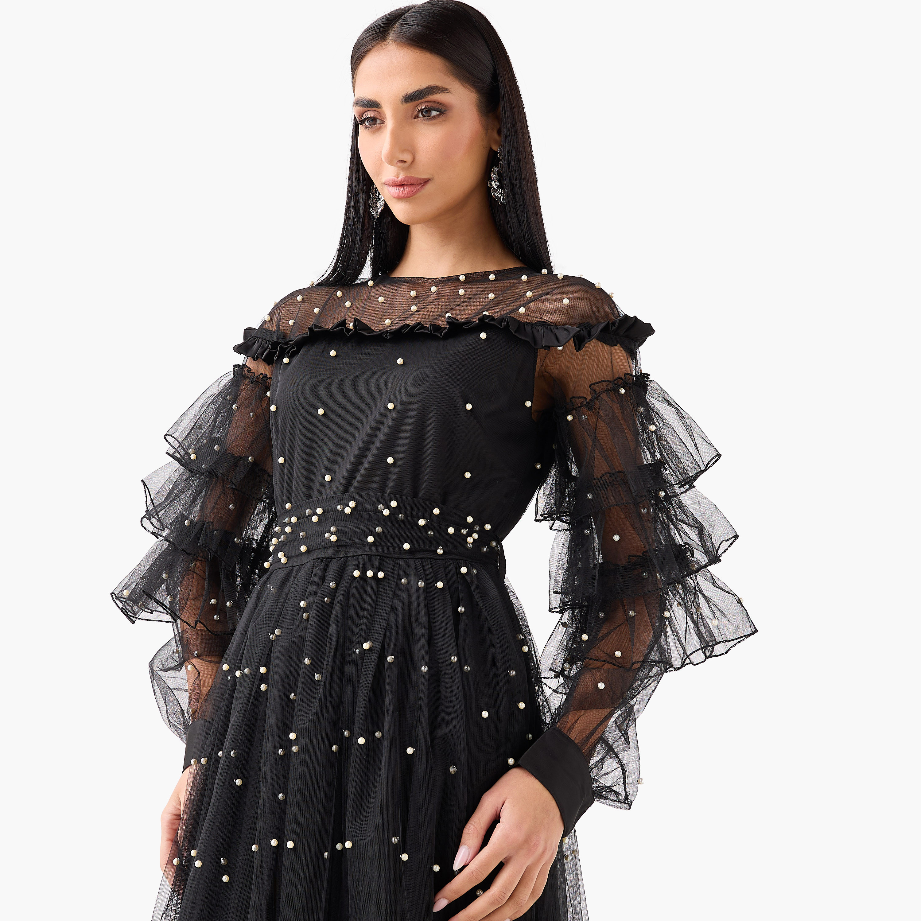 Golden Apple Black Pearl Detailed Balloon Ruffle Sleeves Fit & Flared Women's Evening Maxi Dress-women-clothing-dresses-image-5