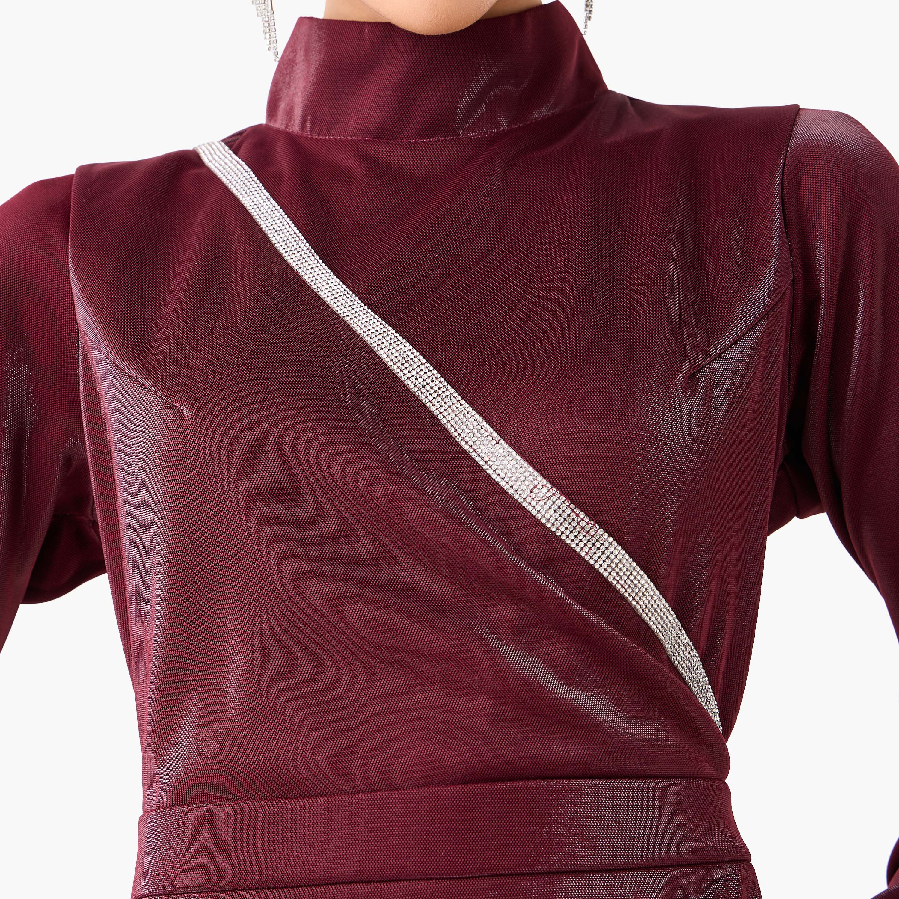 Golden Apple Maroon Embellished High Neck Sheath Women's Evening Maxi Dress-women-clothing-dresses-image-2